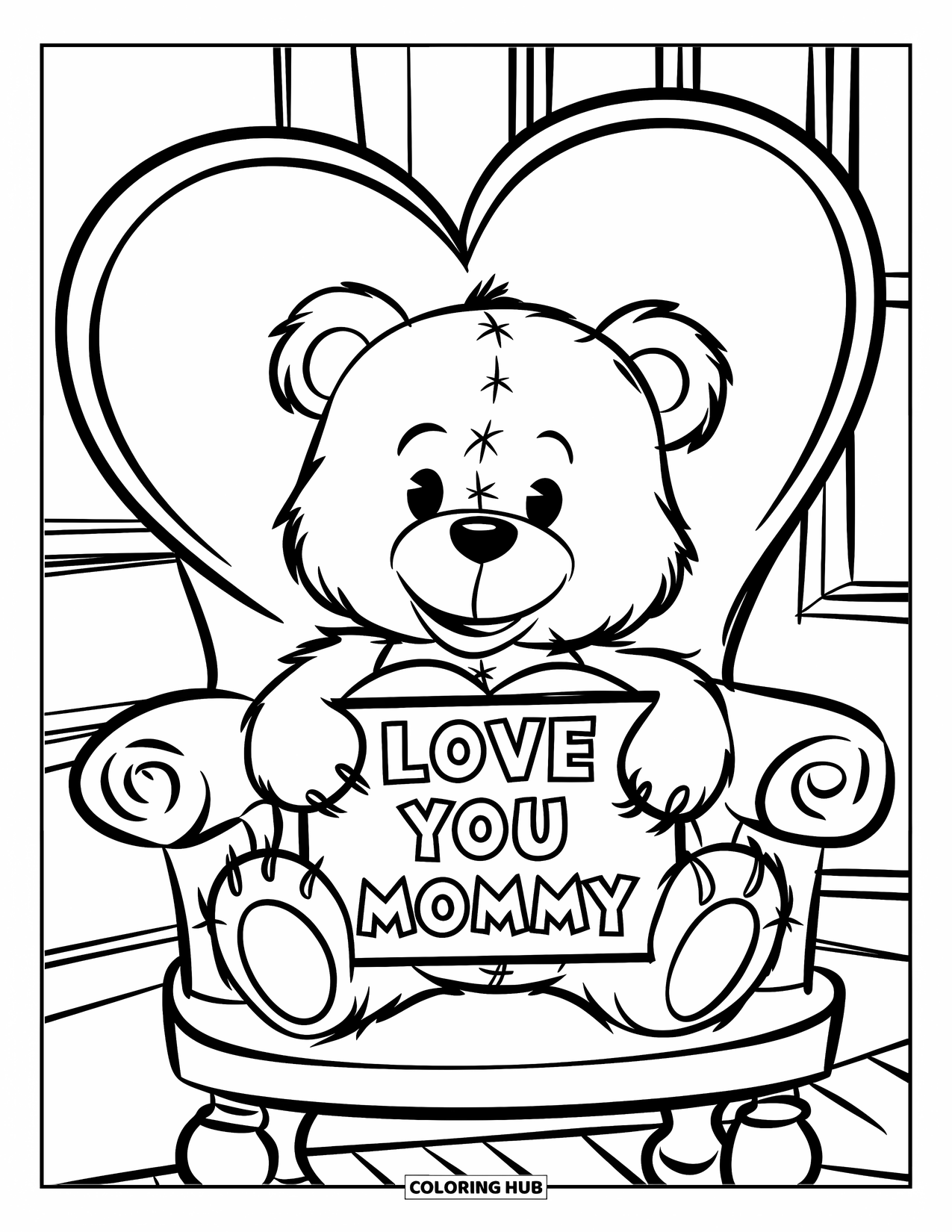 Mothers Day Coloring Page for Kids: Teddy bear holds a sign that says "Love You Mommy" with a heart around it