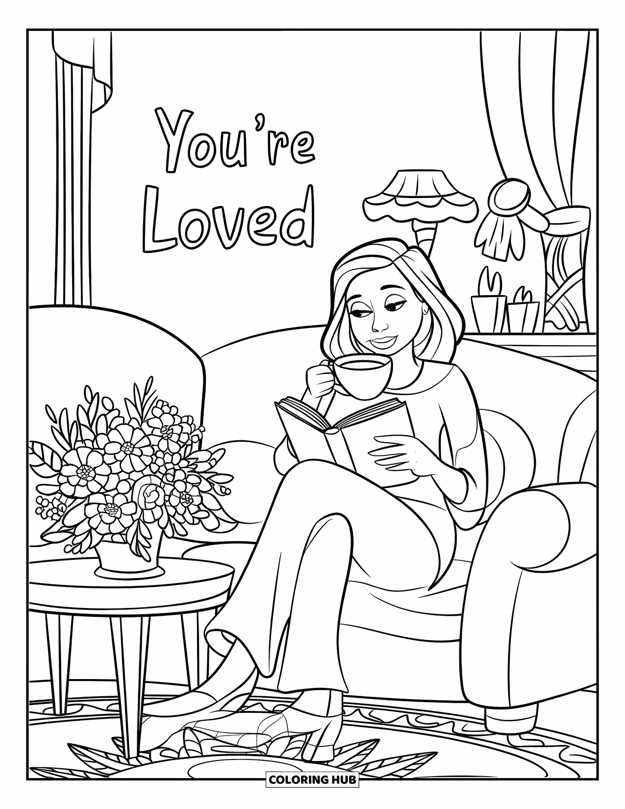 Mothers Day Coloring Page for Kids: Warm living room scene with flowers and a wall that reads "You're Loved