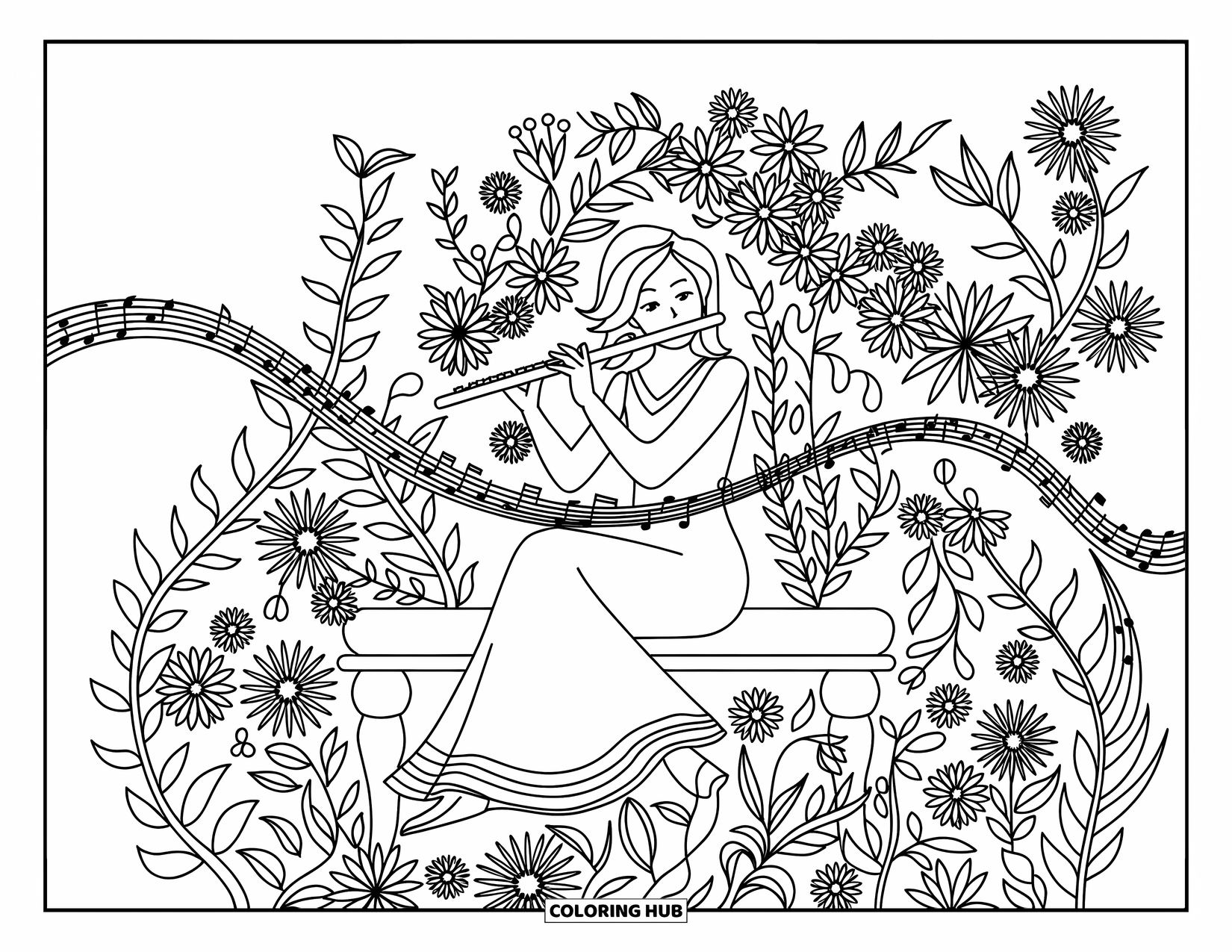 Coloriage de musique pour adultes : Une flûtiste gracieuse dans un jardin où les notes dansent avec les fleurs