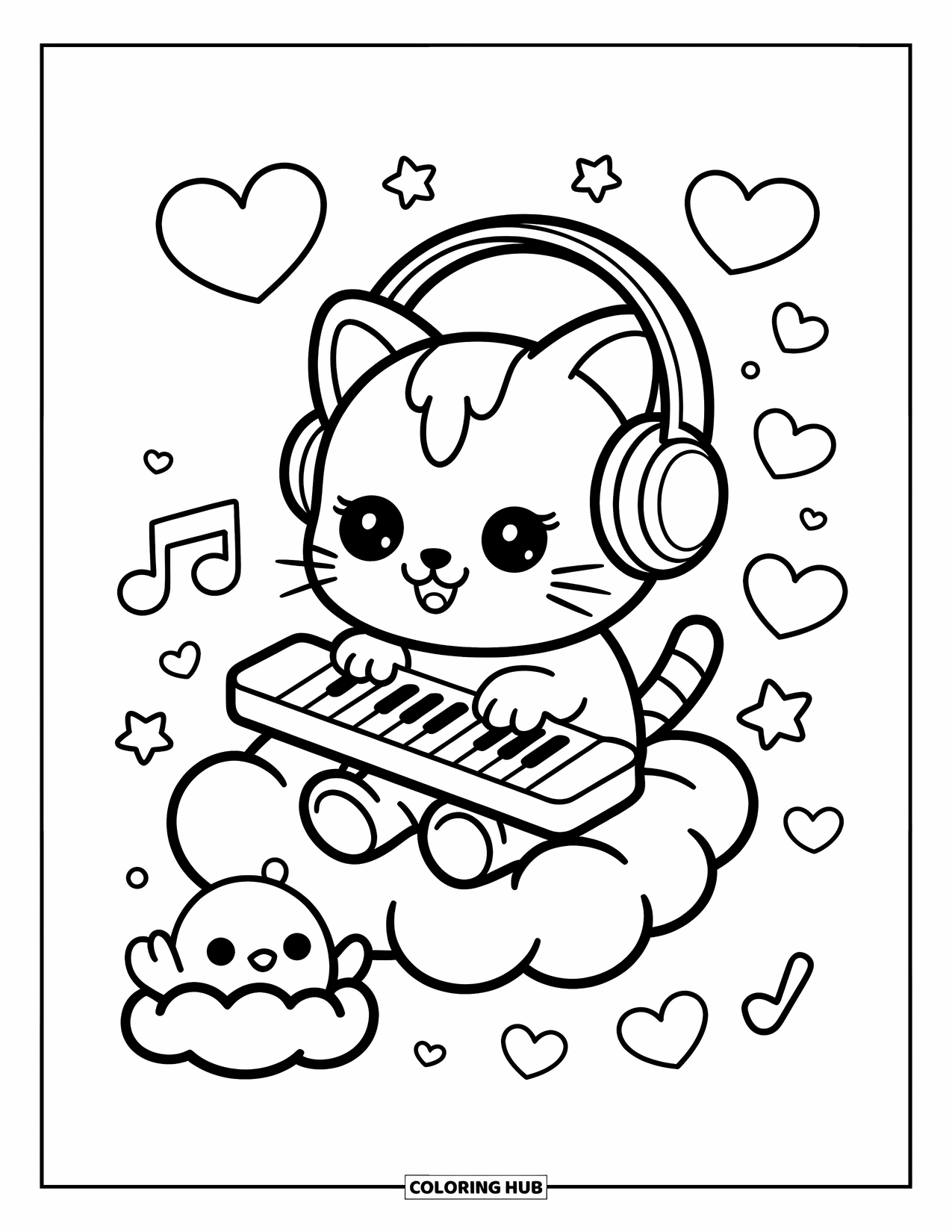 Coloriage de musique pour adultes : Un chaton avec des écouteurs joue du clavier sur des nuages pendant que des oiseaux flottent à proximité et apprécient le spectacle