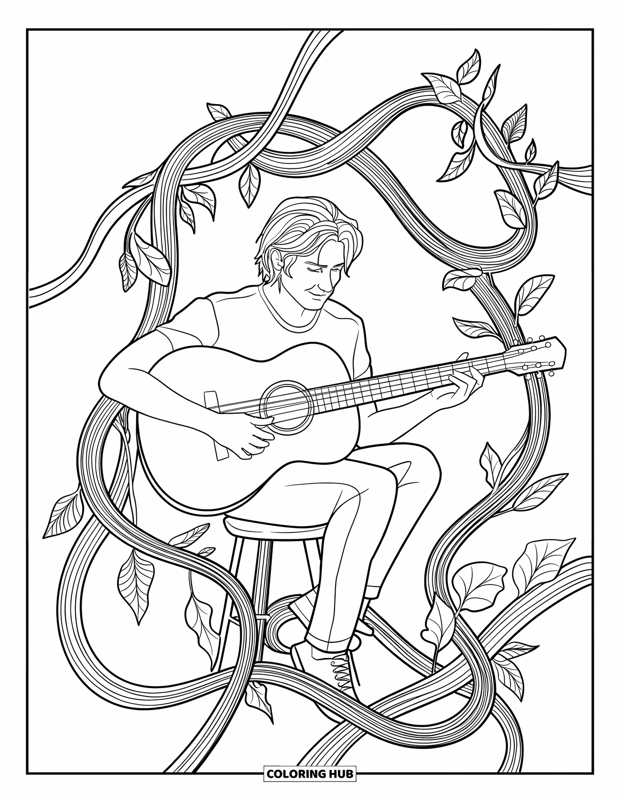 Coloriage de musique pour adultes : Un moment de calme avec un guitariste entouré de vignes enroulées et de lignes musicales superposées
