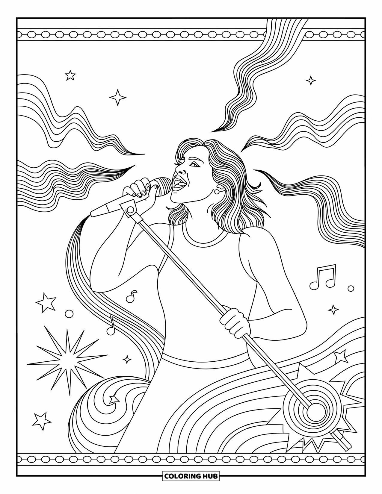 Coloriage de musique pour adultes : Une chanteuse entourée d'étoiles, de notes et de vagues décoratives dans un moment d'expression