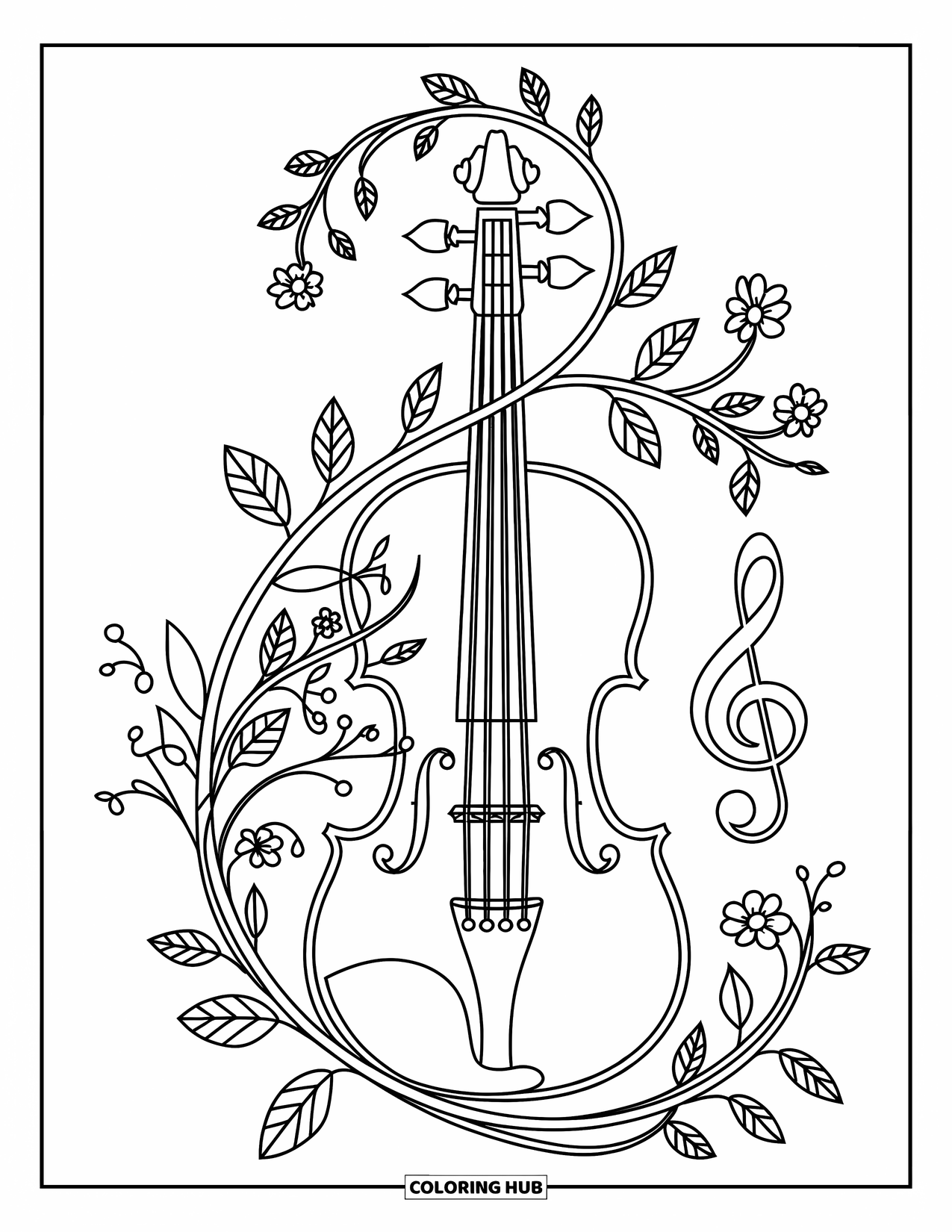 Coloriage de musique pour adultes : Un violon enveloppé de vignes et de symboles, entouré de notes de musique et de fleurs