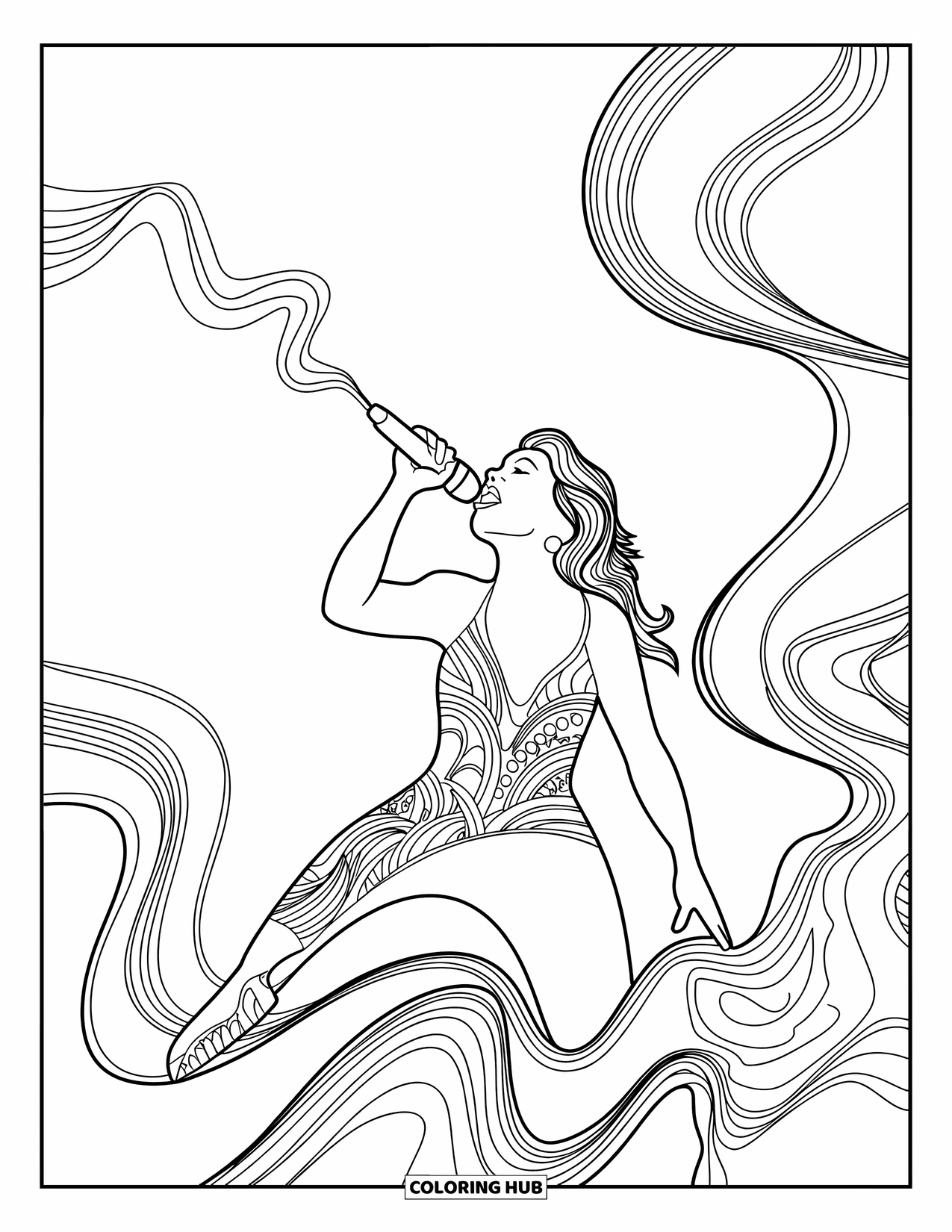 Coloriage de musique pour adultes : Une chanteuse se produit avec un flair dynamique tandis que des vagues et des motifs musicaux remplissent l'air