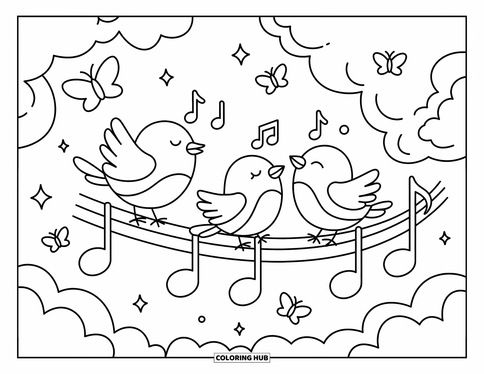 Coloriage de musique pour adultes : Des oiseaux chantent les yeux fermés sur une vigne de notes, entourés de nuages et d'étincelles