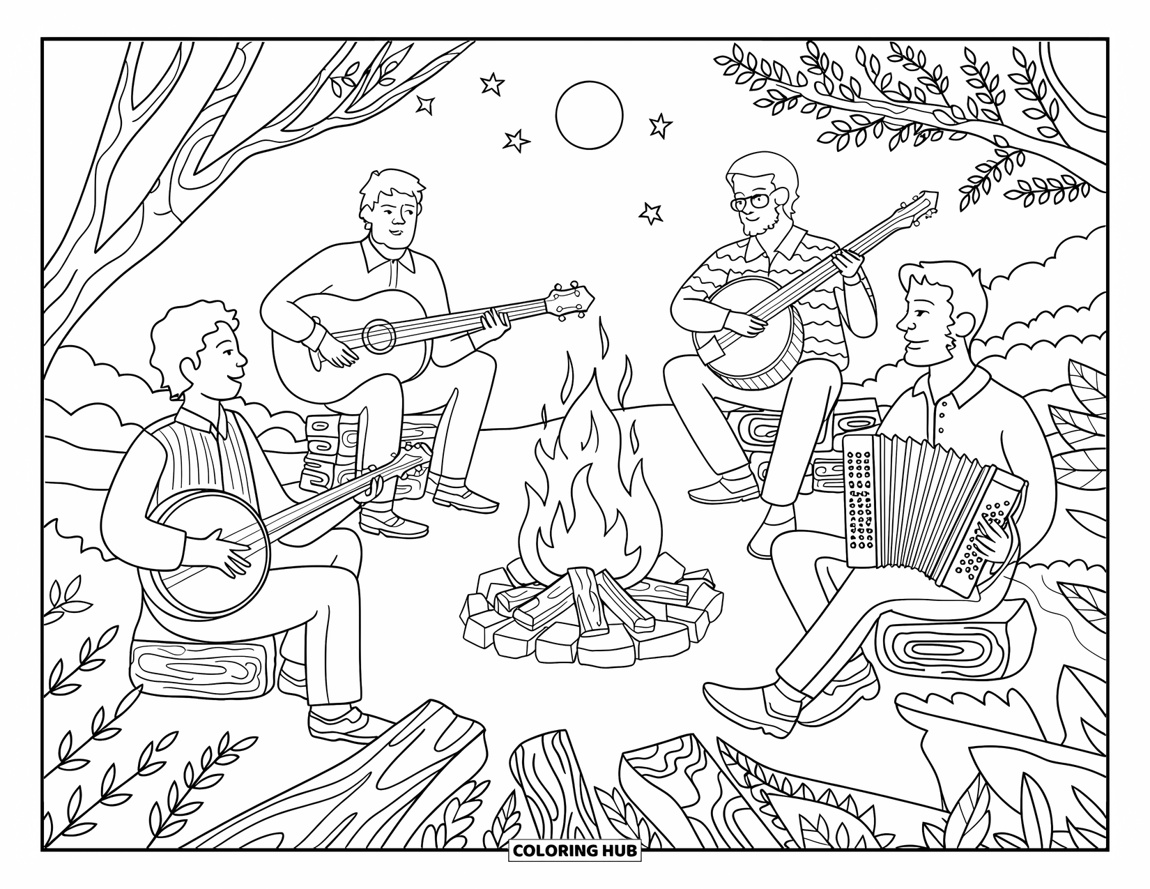 Coloriage de musique pour adultes : Un feu de joie vacille tandis que des musiciens jouent entourés de motifs, d'étoiles et d'une douce brise nocturne