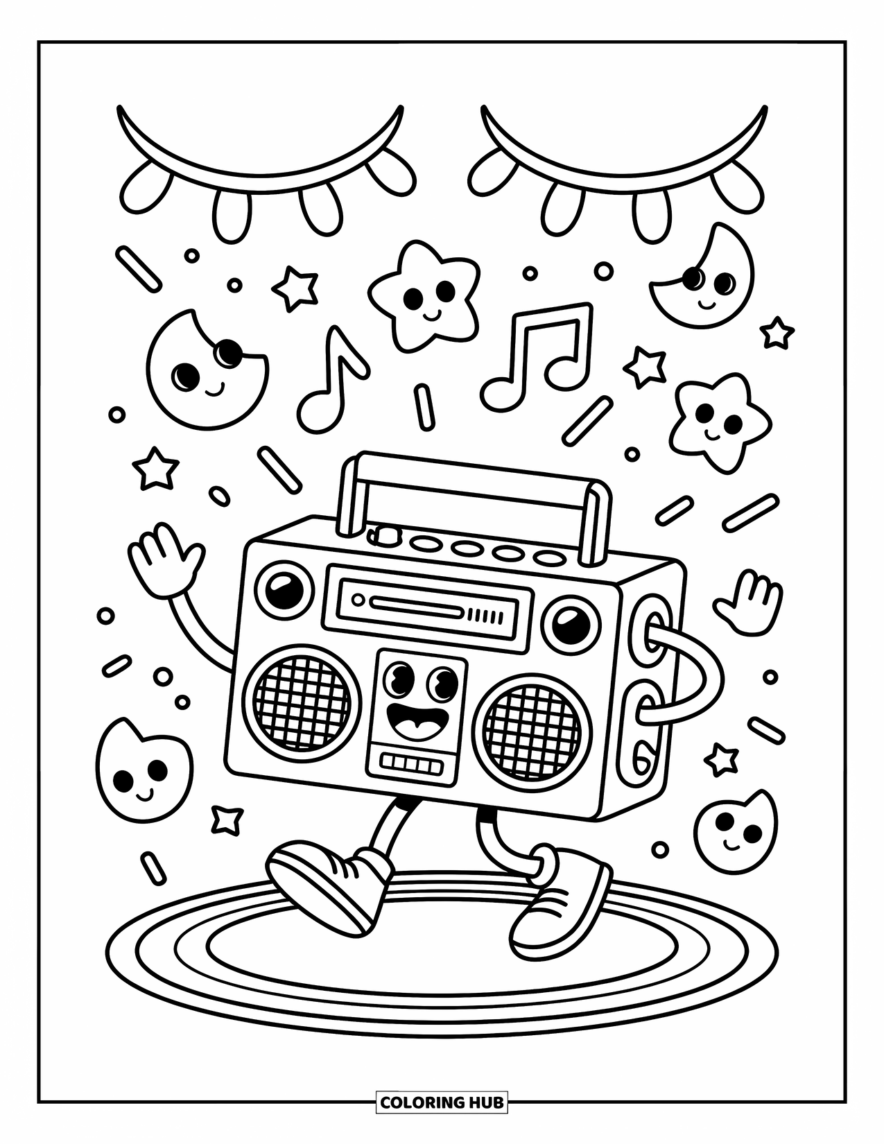 Coloriage de musique pour adultes : Un boombox danse sur un tapis pendant que des étoiles et des lunes rebondissent avec la musique
