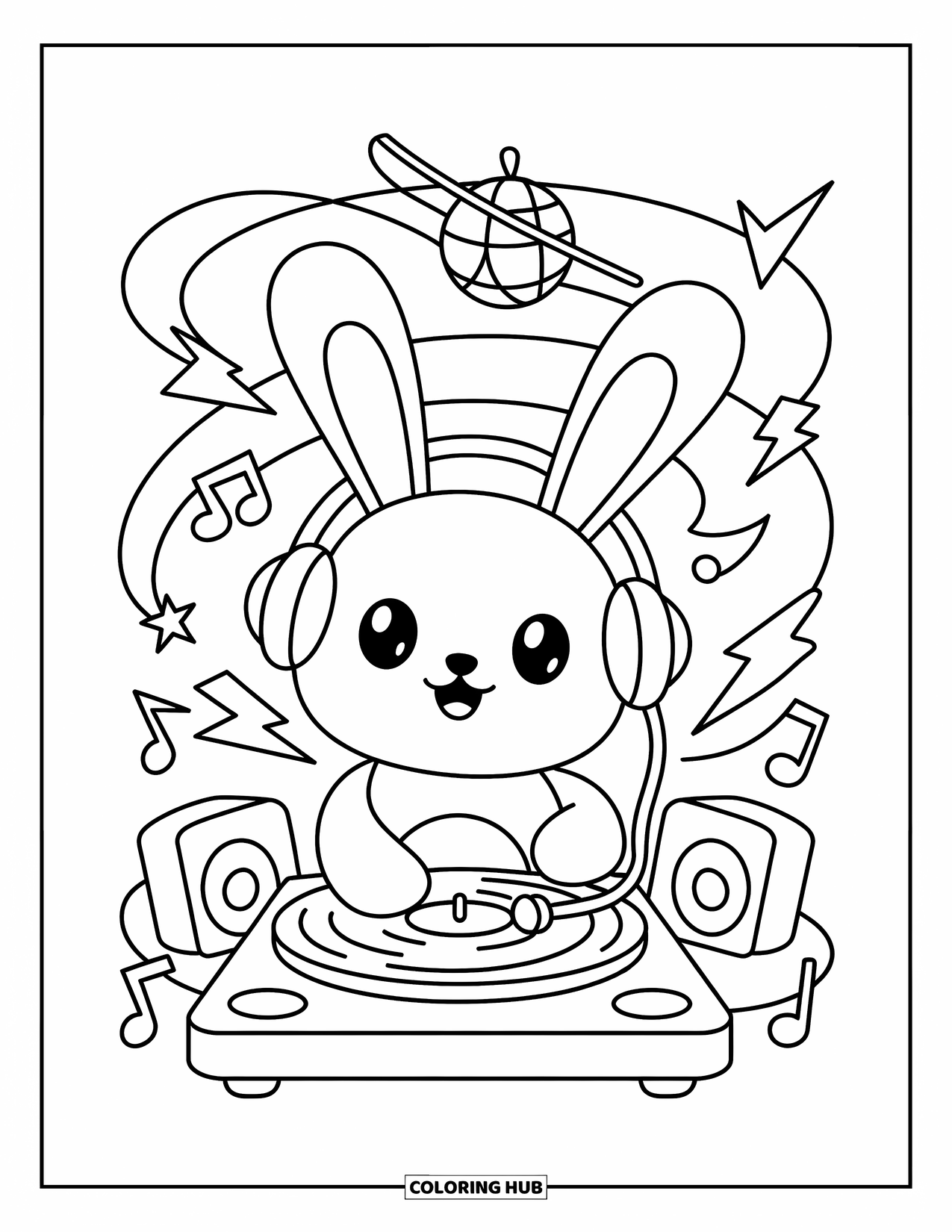 Coloriage de musique pour adultes : Un lapin avec des écouteurs fait tourner des airs tandis que des éclairs et de la musique tourbillonnent dans l'air