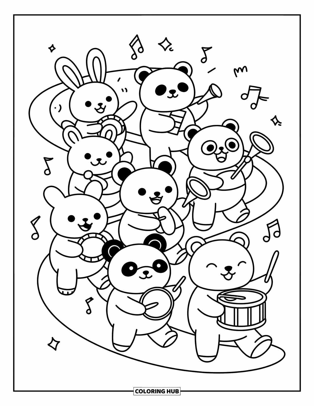 Coloriage de musique pour adultes : Des animaux potelés défilent avec de minuscules instruments, remplissant l'air de notes et d'étincelles
