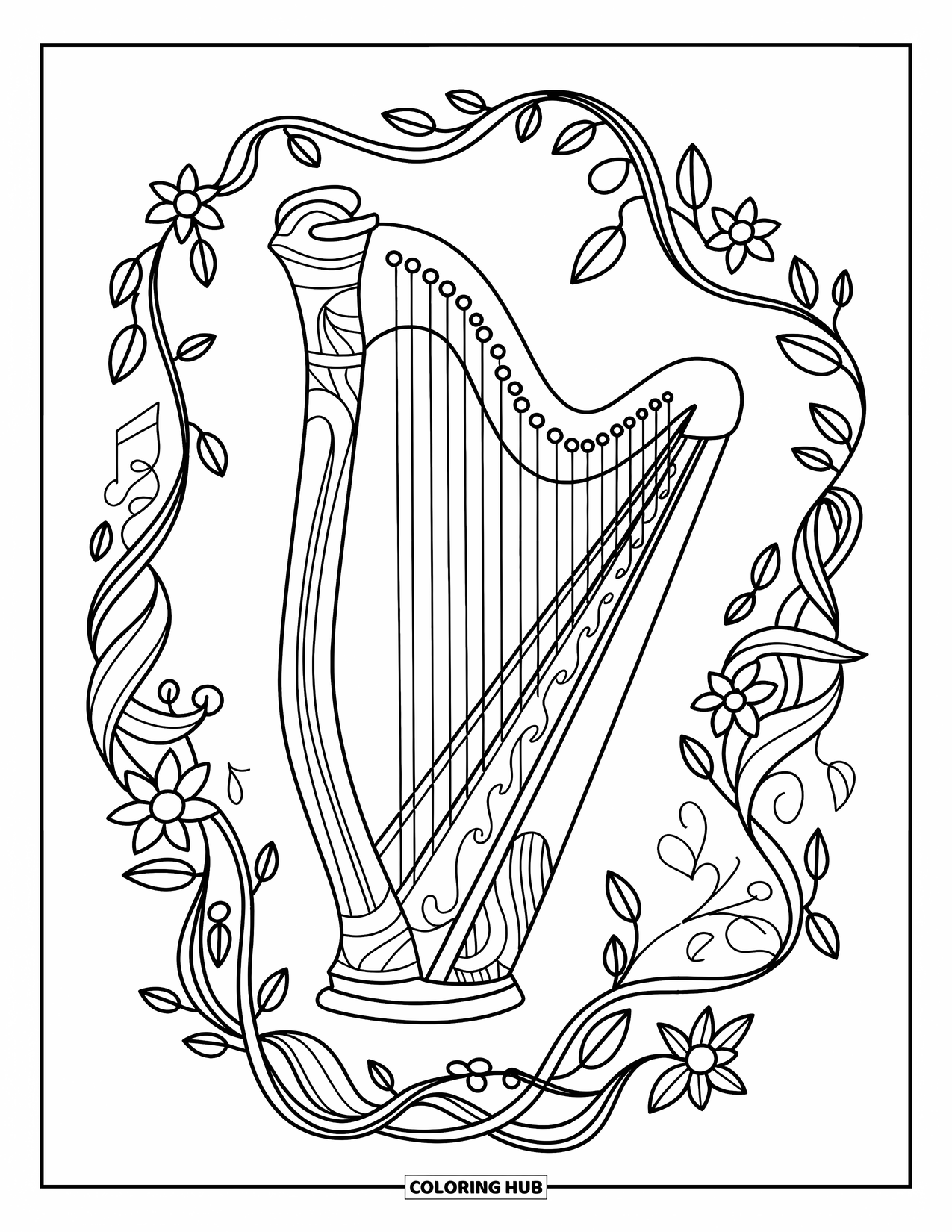 Coloriage de musique pour adultes : Une harpe incurvée enveloppée dans un cadre décoratif de vignes, de fleurs et d'accents musicaux