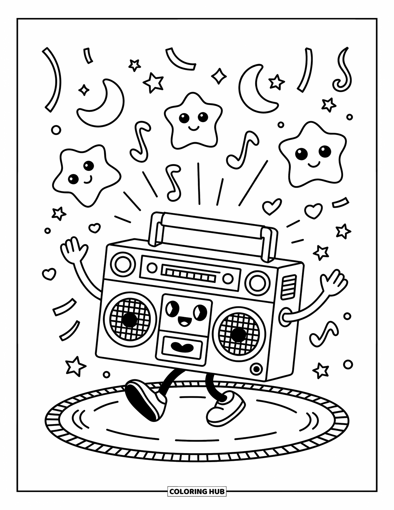 Coloriage de musique pour adultes : Un boombox dansant joue de la musique tandis que des étoiles, des lunes et des confettis se joignent à la fête