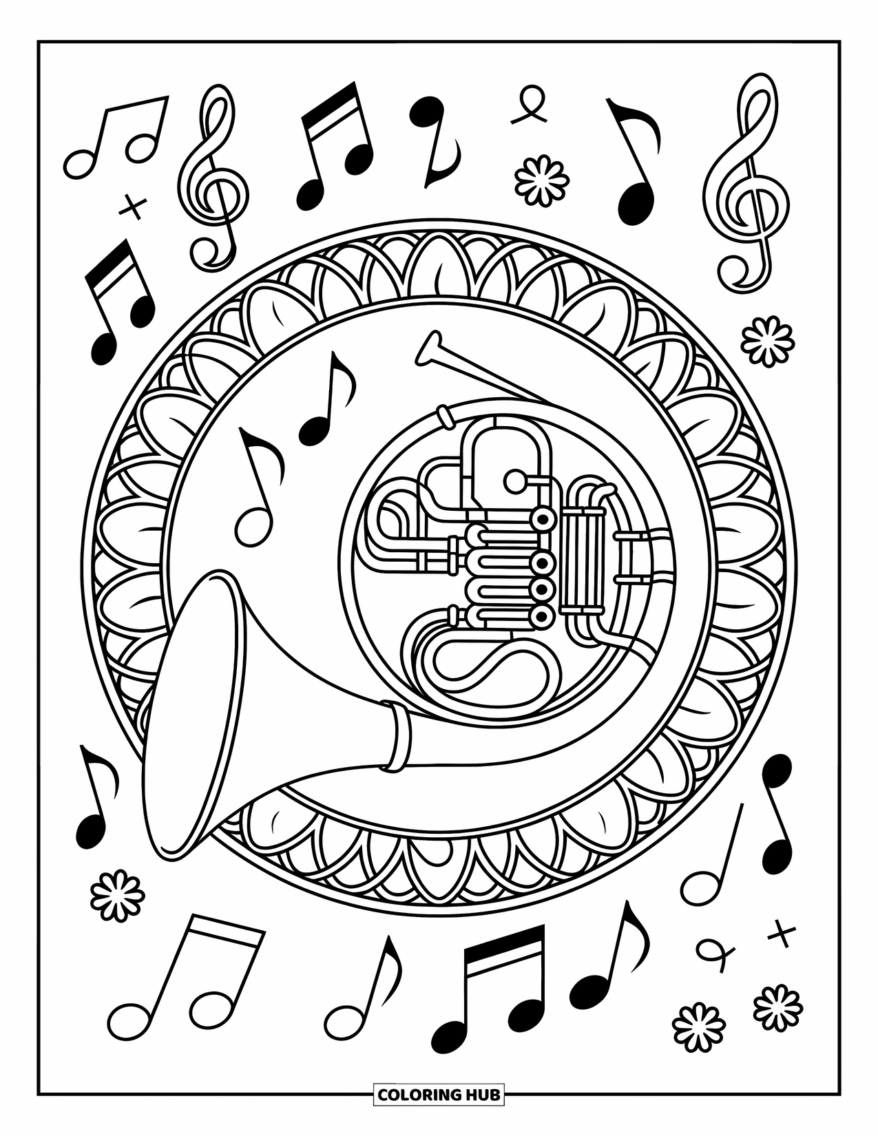 Coloriage de musique pour adultes : Un treillis décoratif et de la musique tourbillonnent autour des courbes et des valves complexes d'un cor d'harmonie