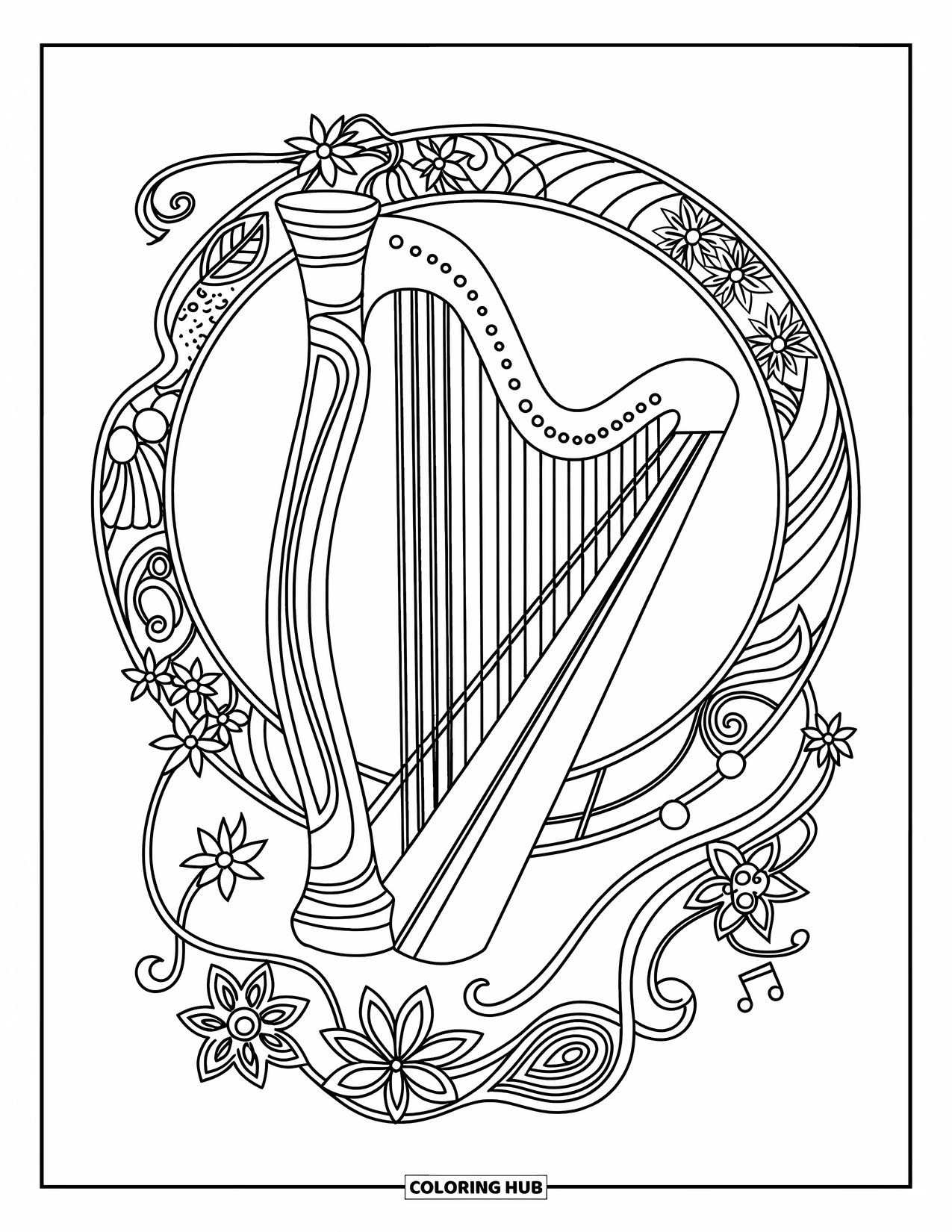 Coloriage de musique pour adultes : Une harpe élégante dans une bordure ronde de tourbillons, de fleurs et de formes géométriques