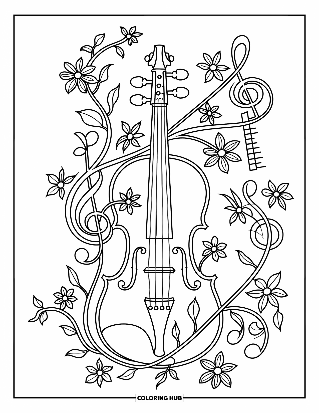 Coloriage de musique pour adultes : Des vignes florales et des notes s'enroulent autour d'un violon dans une disposition calme et complexe