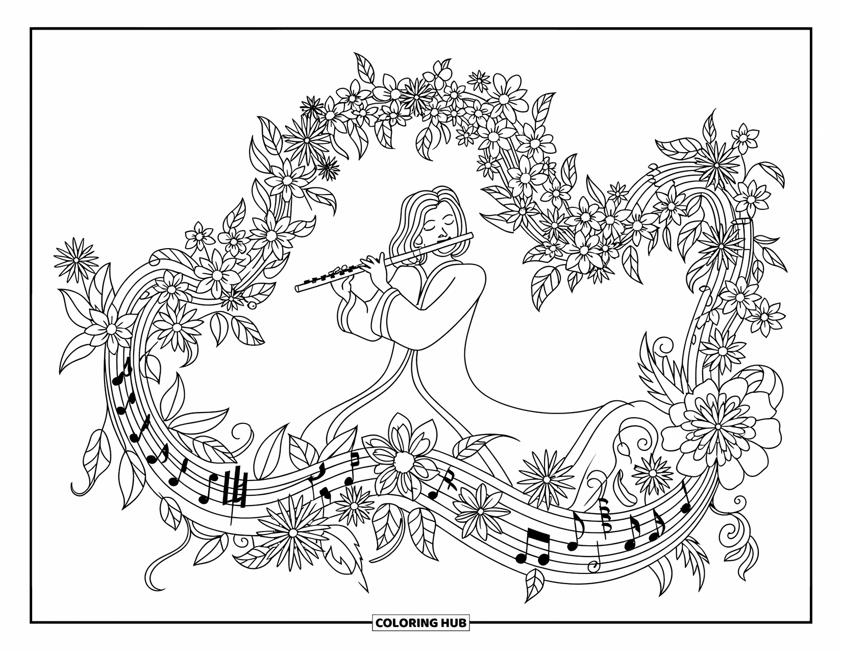 Coloriage de musique pour adultes : Une flûtiste dans un jardin où les fleurs et la musique tourbillonnent ensemble paisiblement
