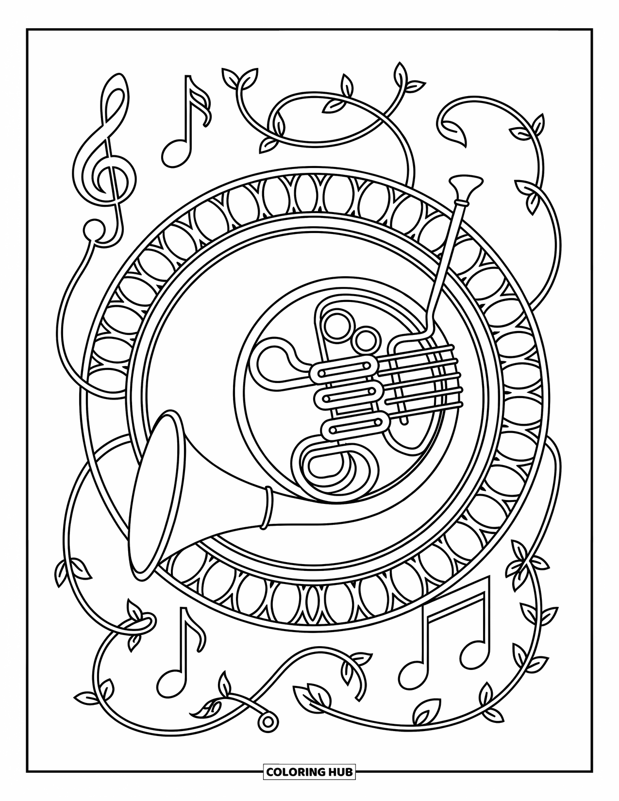 Coloriage de musique pour adultes : Un cor d'harmonie entouré de vignes tourbillonnantes et de symboles musicaux dans un design élégant