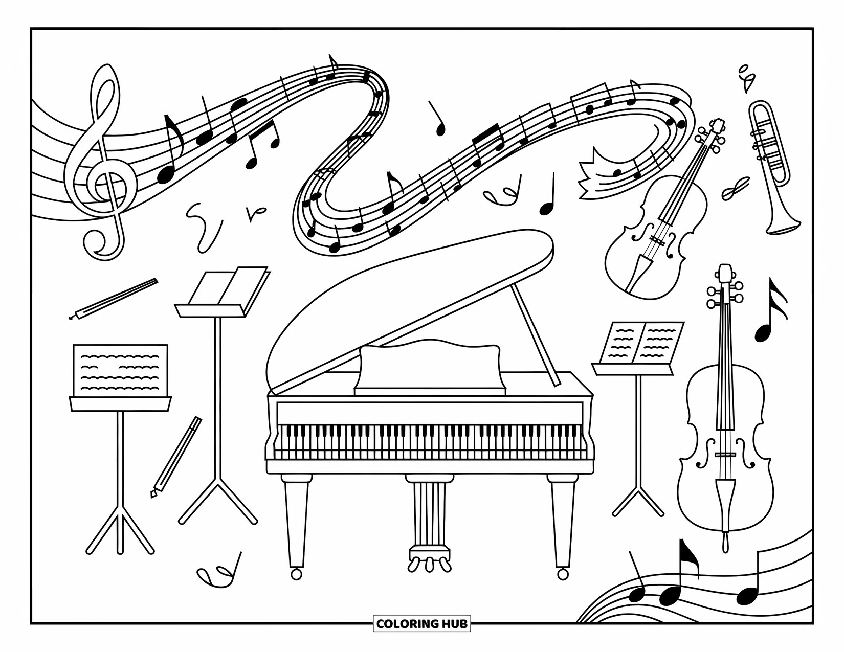 Coloriage de musique pour adultes : Un piano à queue et des instruments dans une salle de musique avec des notes et des portées tourbillonnantes