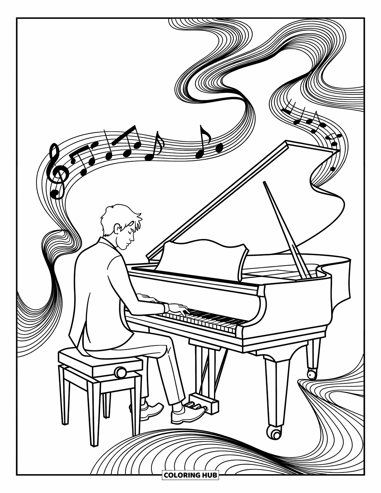 Coloriage de musique pour adultes : Un piano à queue et des spirales de notes forment un arrière-plan élégant et fluide