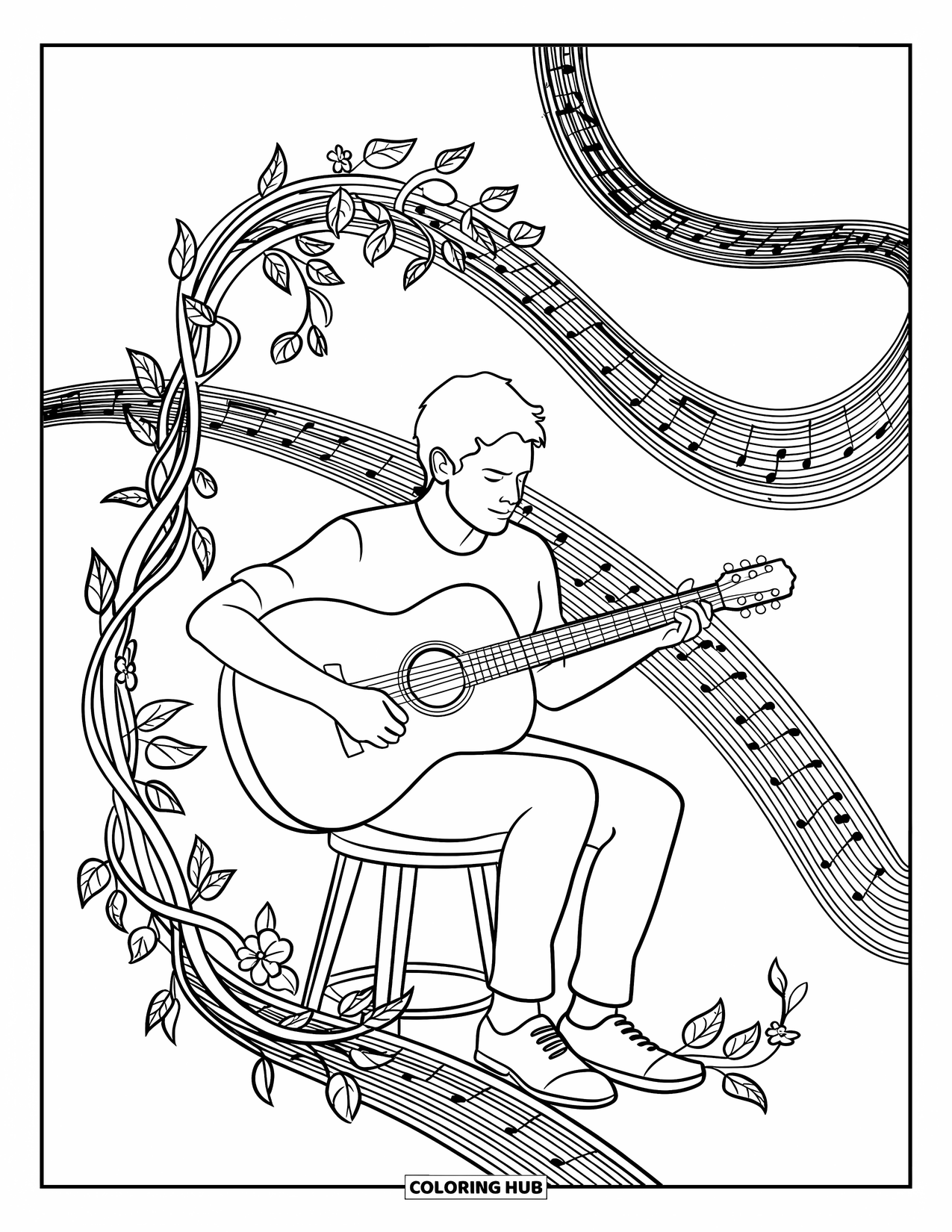 Coloriage de musique pour adultes : Un guitariste dans une pose paisible tandis que des vignes et des fleurs encadrent la musique qui coule dans l'air