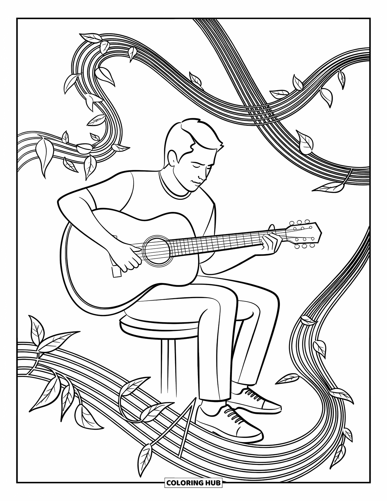 Coloriage de musique pour adultes : Un guitariste est assis calmement parmi des vignes tourbillonnantes et de douces lignes musicales enveloppant la scène