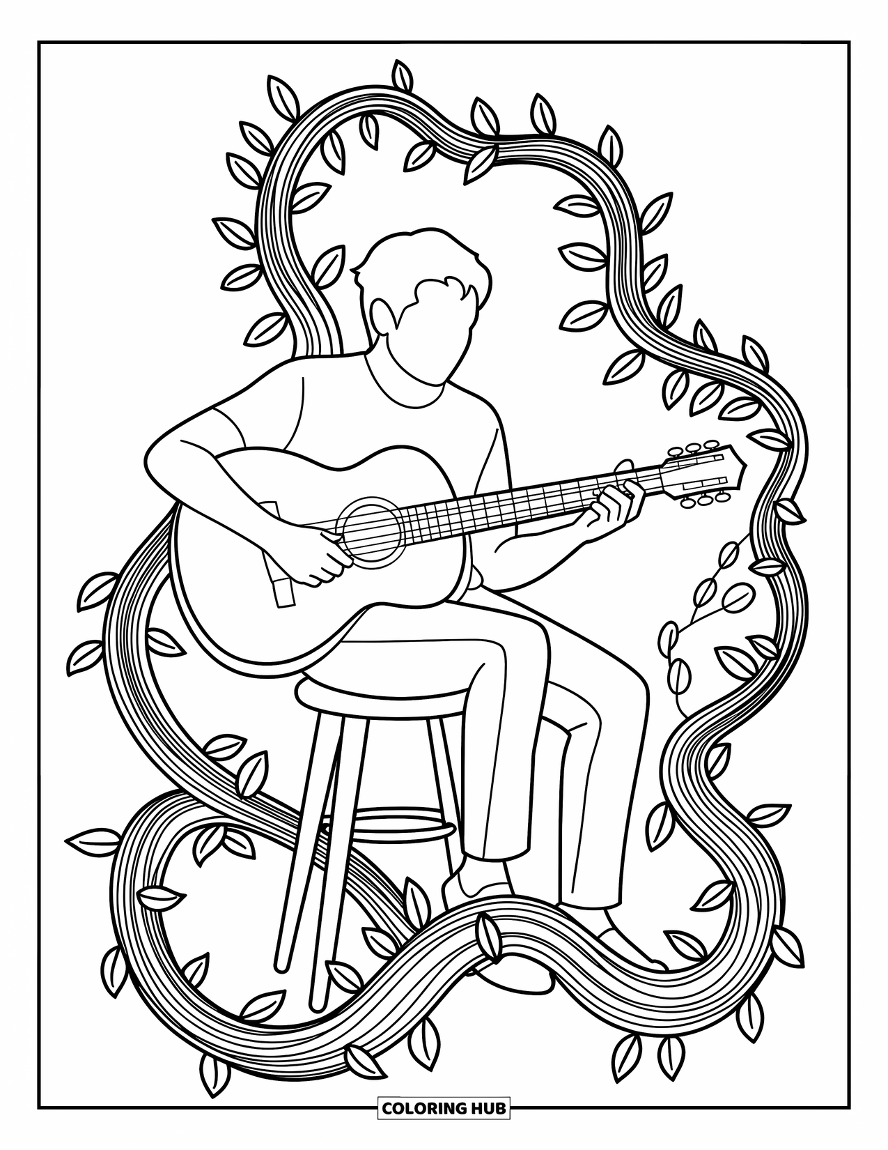 Coloriage de musique pour adultes : Un guitariste est assis calmement tandis que des vignes et des portées musicales s'entrelacent en harmonie paisible