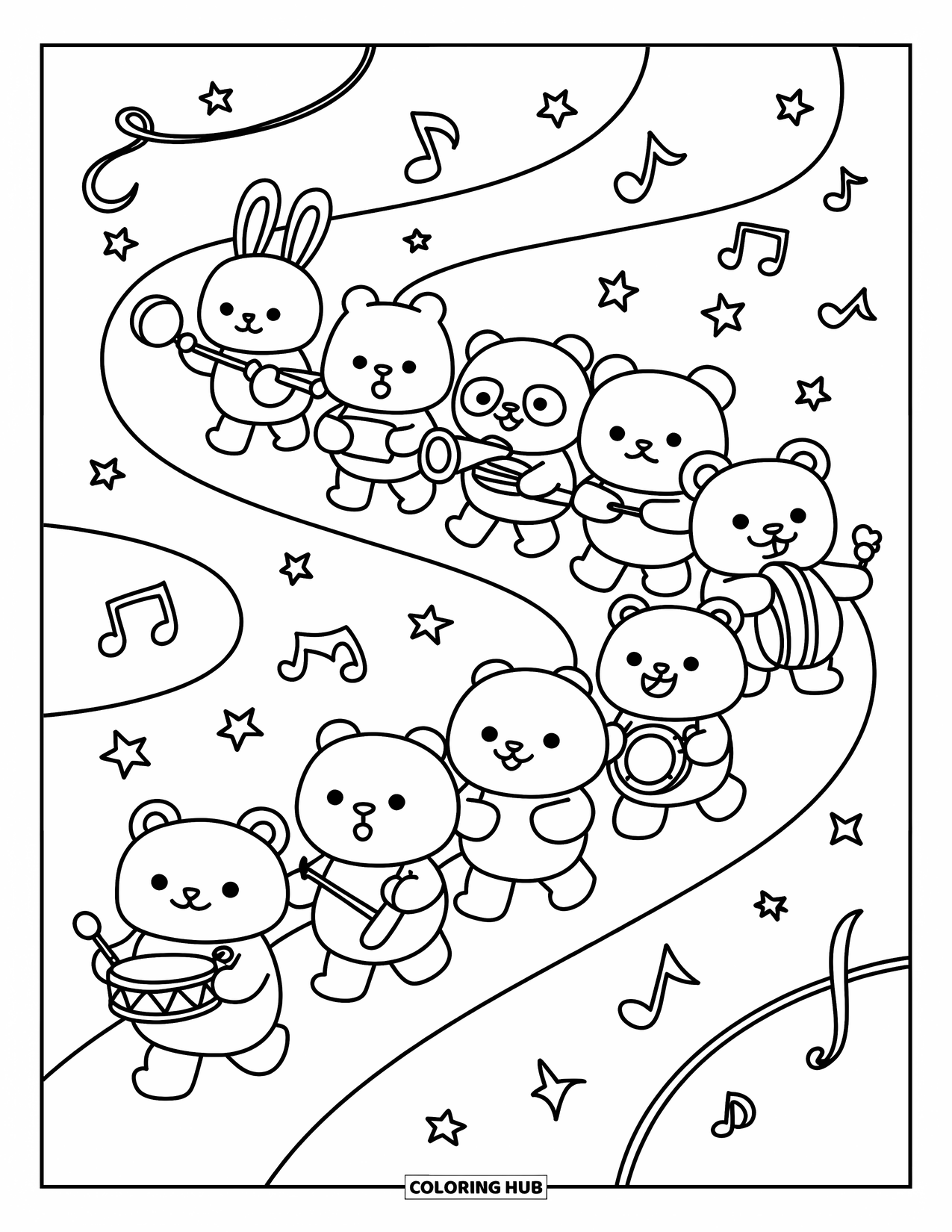 Coloriage de musique pour adultes : Des animaux joyeux forment une fanfare avec des notes scintillantes, des tambourins et des trompettes à la main