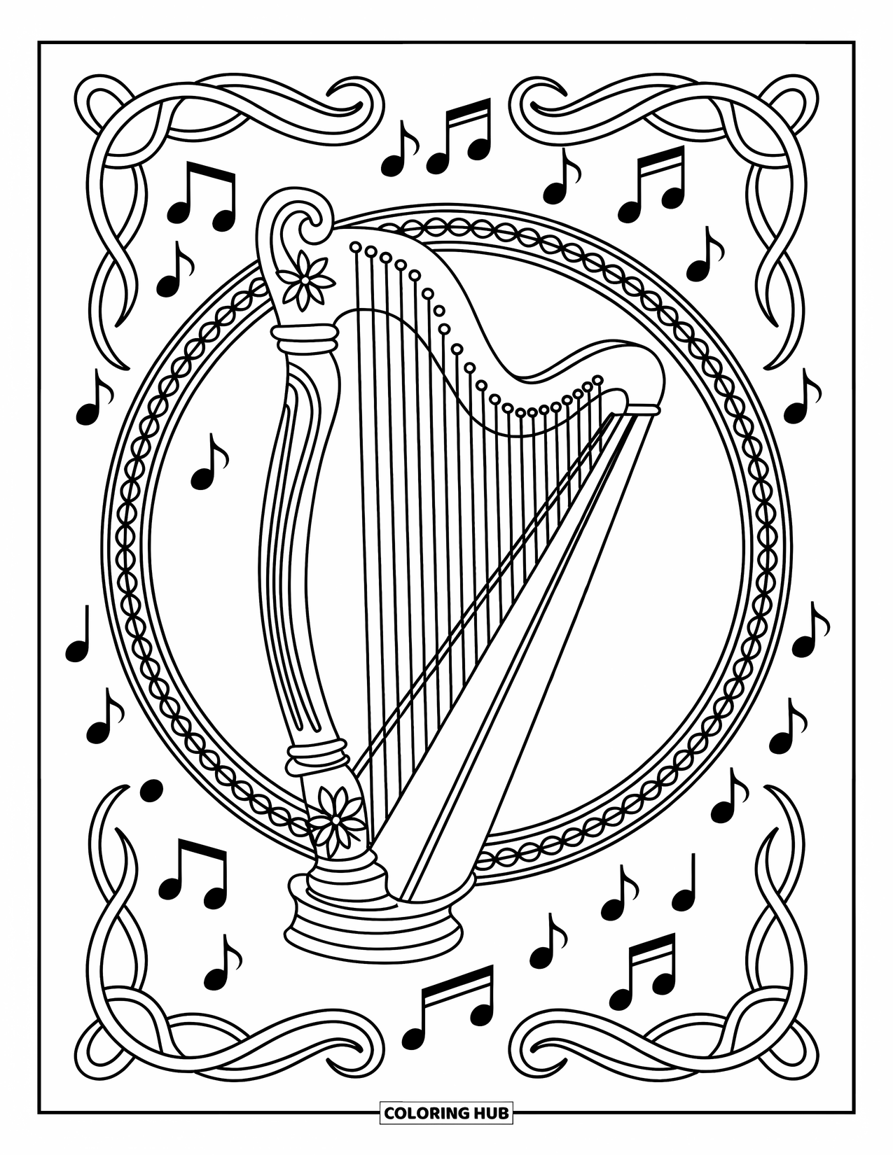 Coloriage de musique pour adultes : Une harpe encadrée dans une bordure ronde remplie de volutes et de notes flottantes