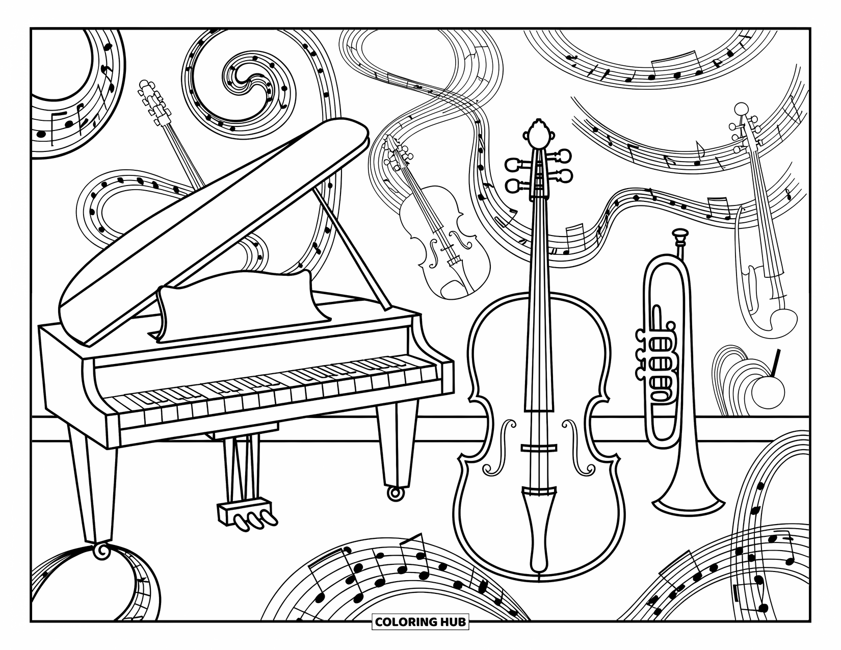 Coloriage de musique pour adultes : Des instruments remplissent une salle de classe créative tandis que des portées musicales se tissent à travers l'arrière-plan