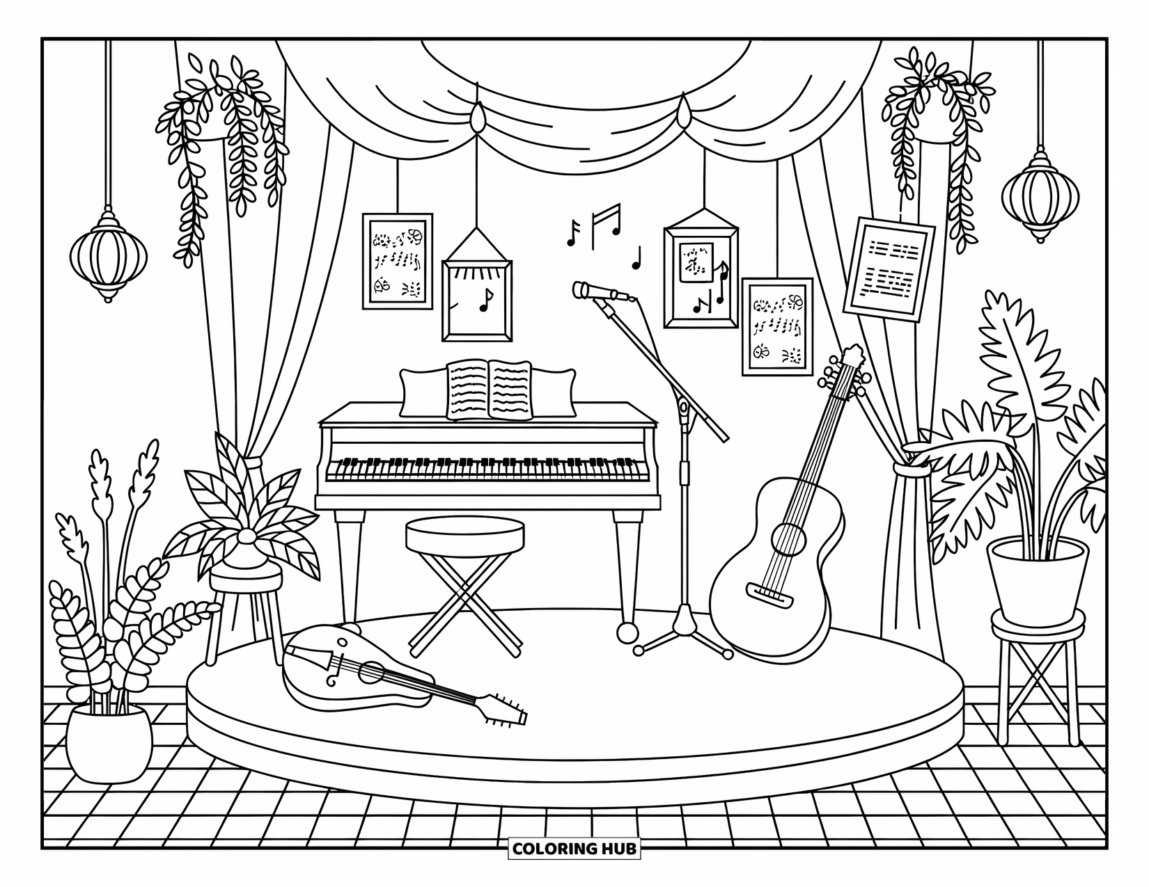 Coloriage de musique pour adultes : Des instruments reposent dans un coin de café chaleureux avec des plantes en pot, des lanternes et un sol à carreaux