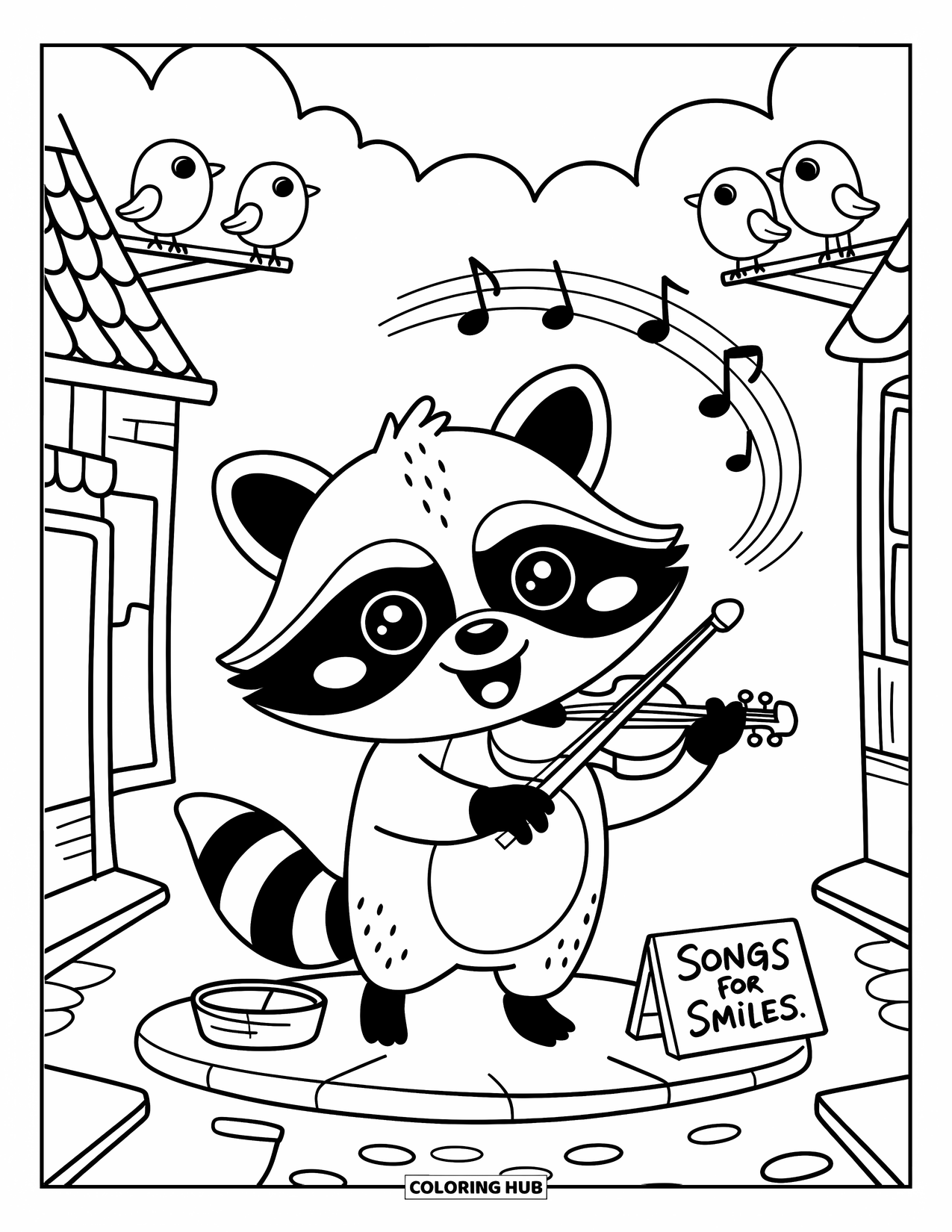 Coloriage de musique pour adultes : Un raton laveur joyeux joue du violon pendant que des oiseaux et des notes tourbillonnent doucement au-dessus