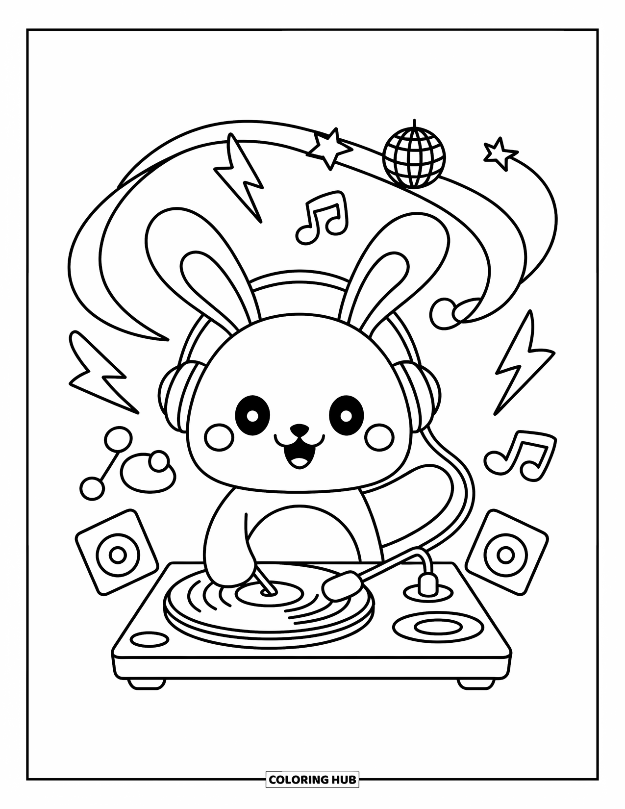 Coloriage de musique pour adultes : Un lapin DJ kawaii joue de la musique avec des notes, des étoiles et une boule disco scintillante au-dessus
