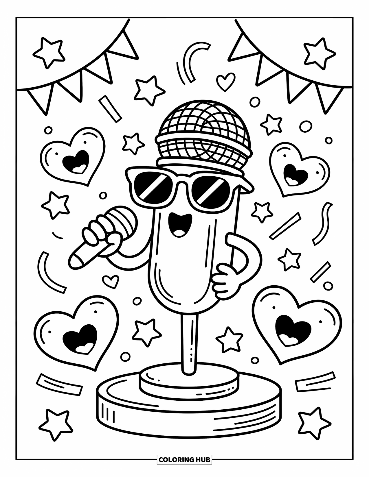 Coloriage de musique pour adultes : Un microphone kawaii prend le devant de la scène avec des drapeaux, des confettis et des cœurs dansants tout autour