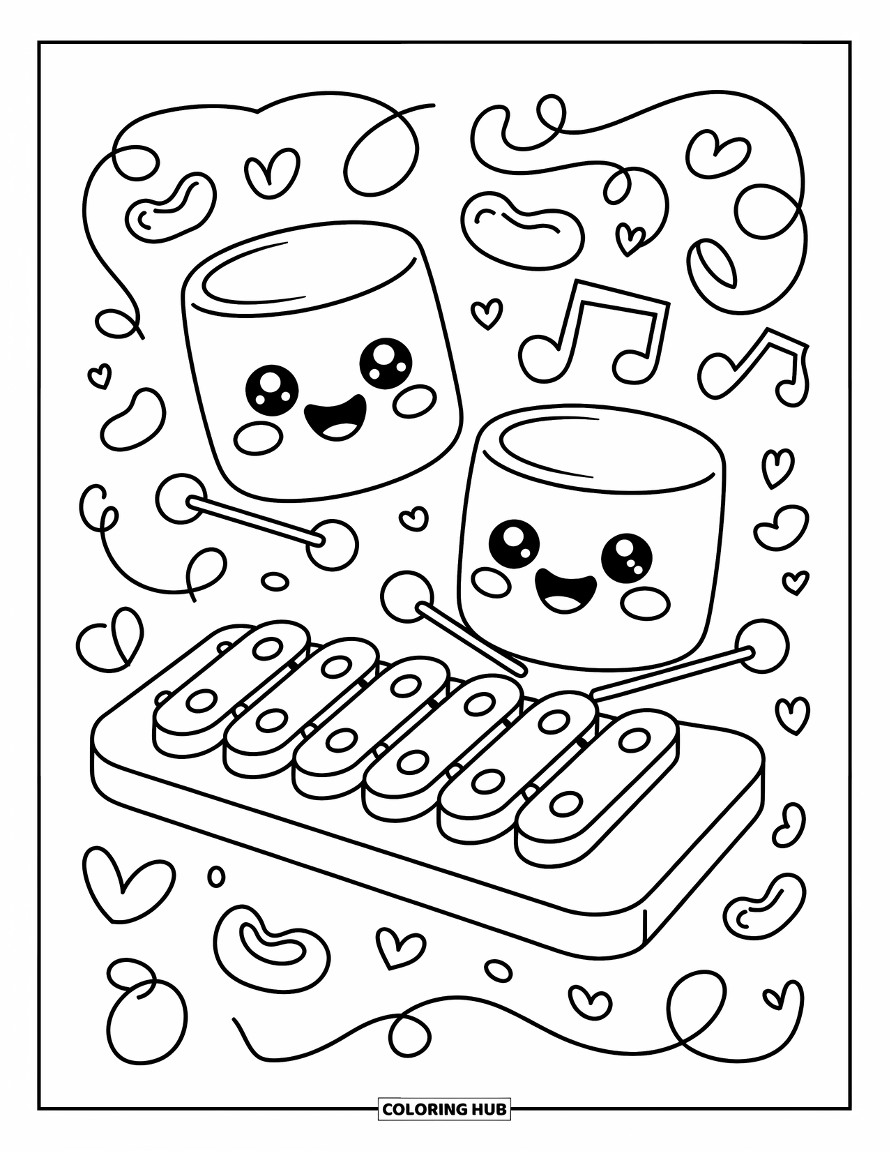 Coloriage de musique pour adultes : Des guimauves avec de grands yeux jouent d'un xylophone entourées de cœurs, de nœuds et de bonbons gélifiés