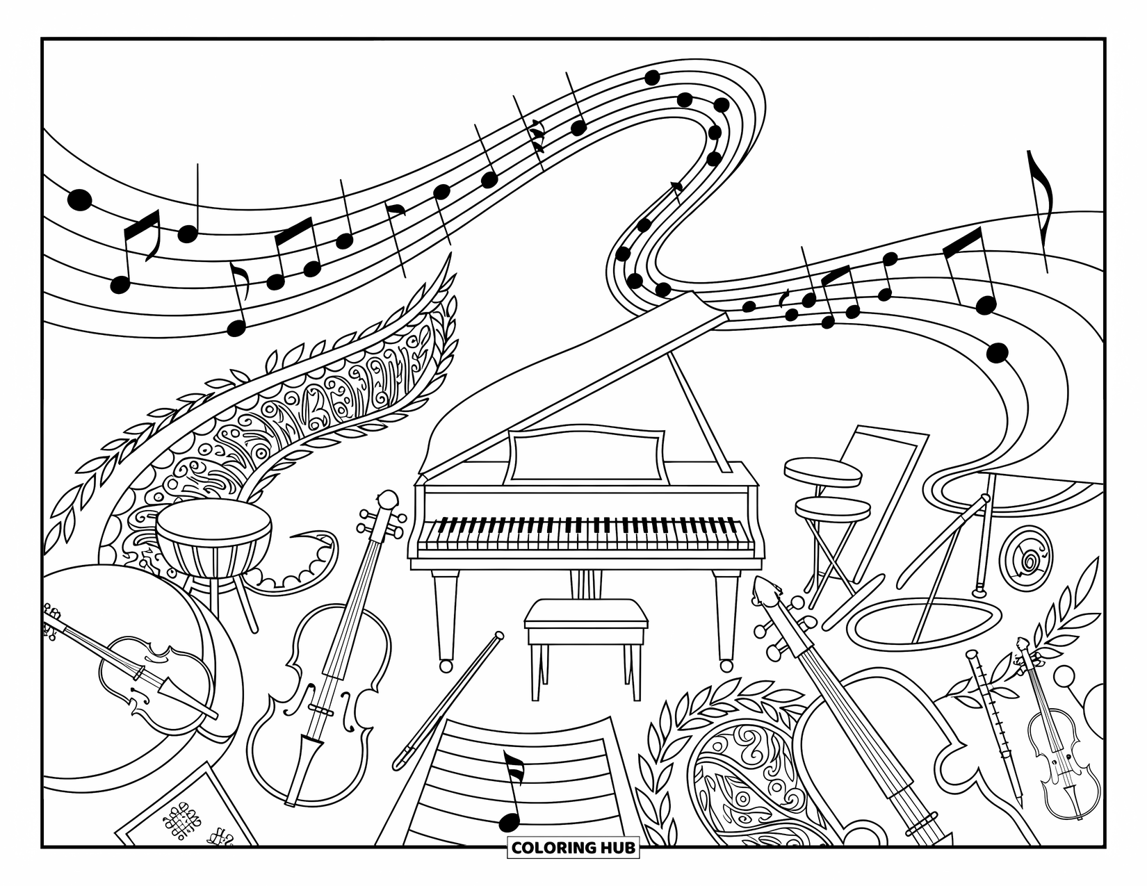 Coloriage de musique pour adultes : Une salle de classe musicale remplie d'instruments, des notes tourbillonnant à travers les vignes et les feuilles