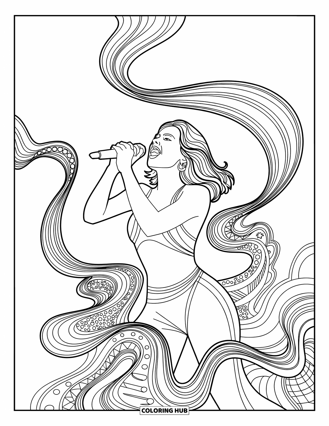 Coloriage de musique pour adultes : L'énergie musicale rayonne d'un chanteur encadré par des notes tourbillonnantes et des motifs complexes