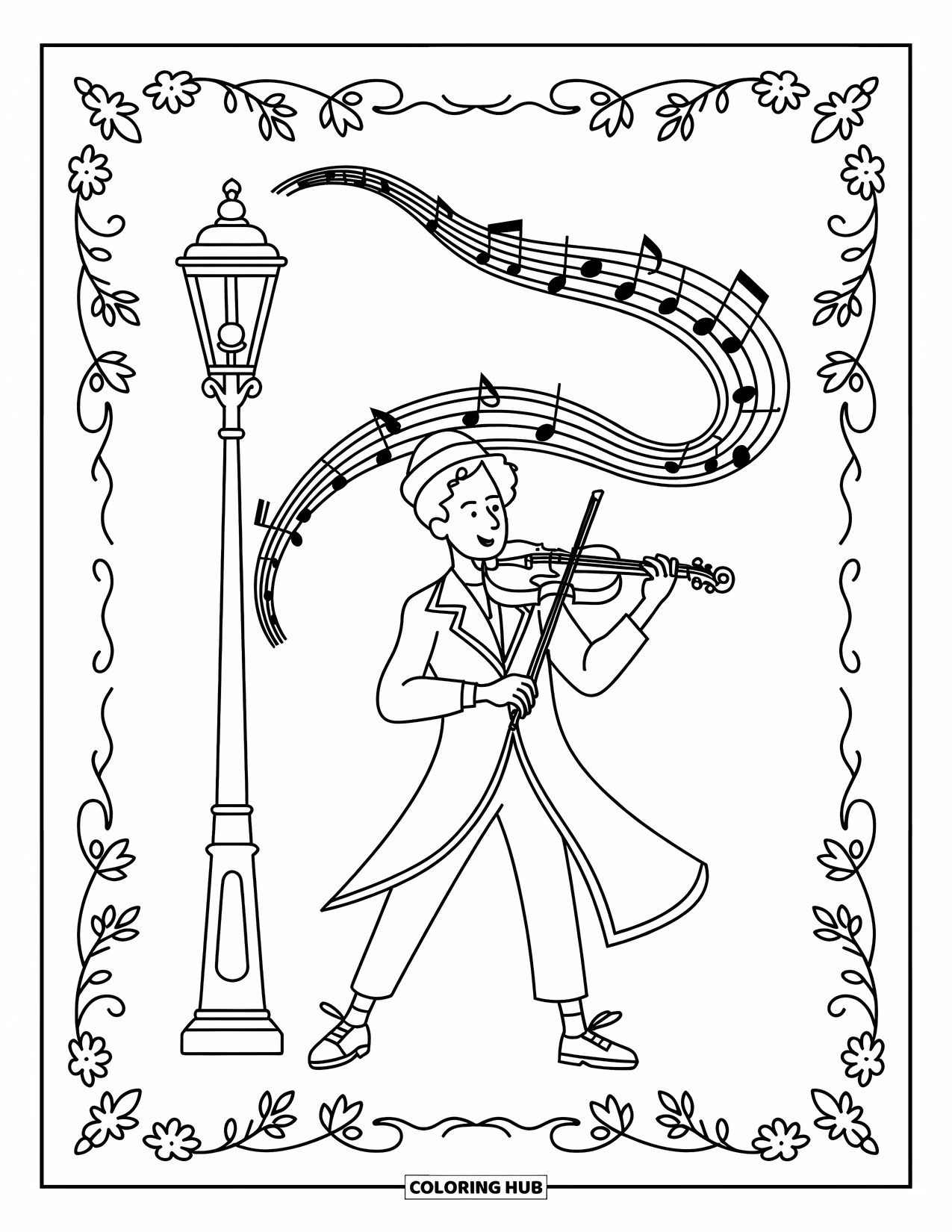 Coloriage de musique pour adultes : Un musicien joue sous un lampadaire orné tandis que des notes et des bordures florales remplissent la scène