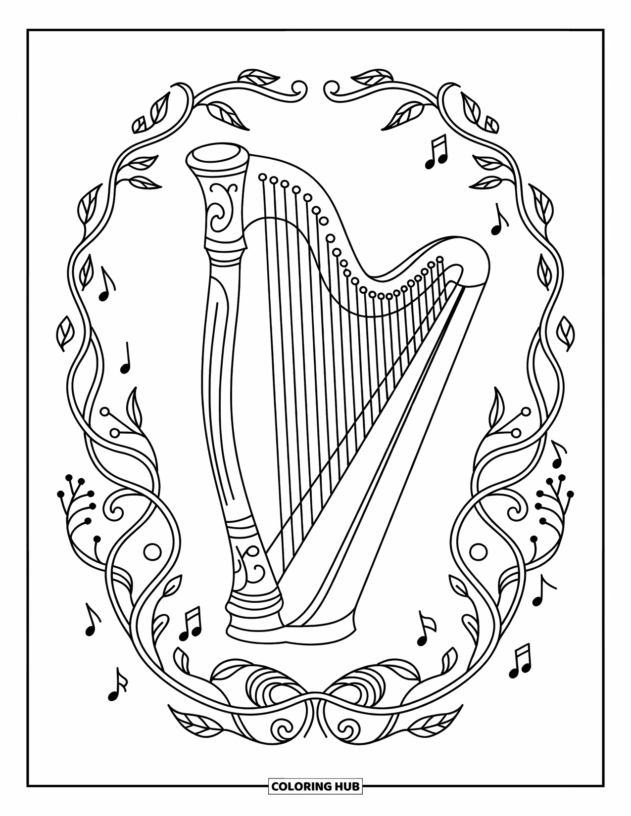 Coloriage de musique pour adultes : Une harpe ornée entourée de vignes circulaires, de feuilles et de motifs musicaux équilibrés