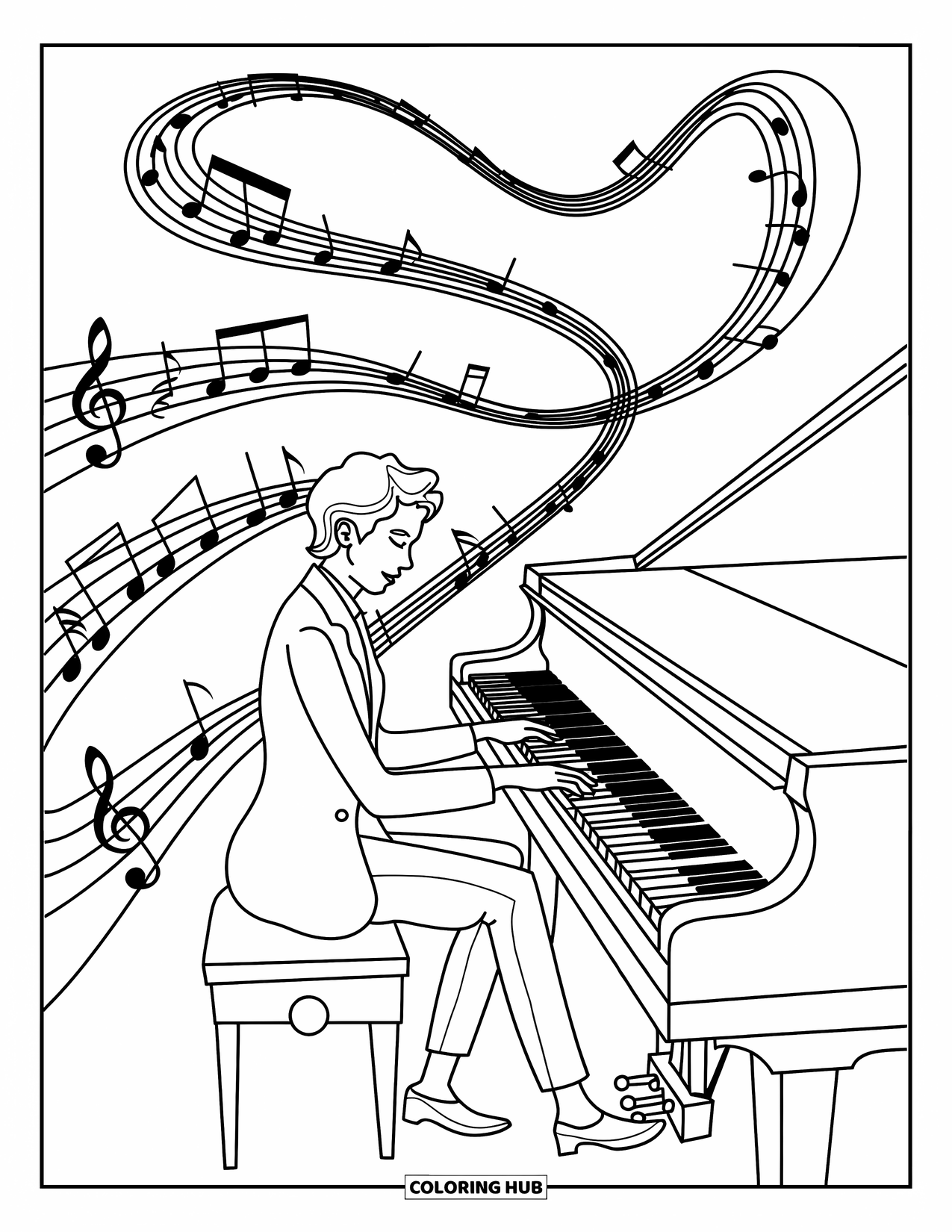 Coloriage de musique pour adultes : Un pianiste joue tandis que les notes montent en spirale à travers des portées musicales et des lignes abstraites