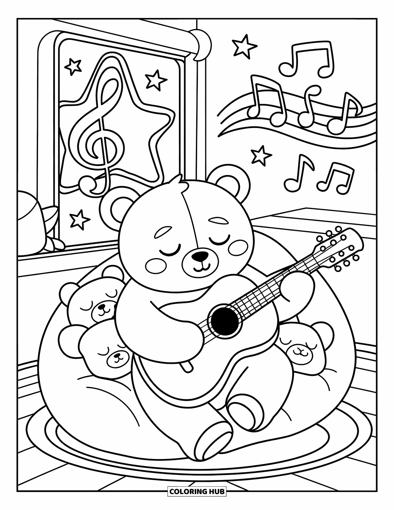 Coloriage de musique pour adultes : Un ours endormi gratte une guitare sur un pouf tandis que la musique dérive à travers une fenêtre étoilée