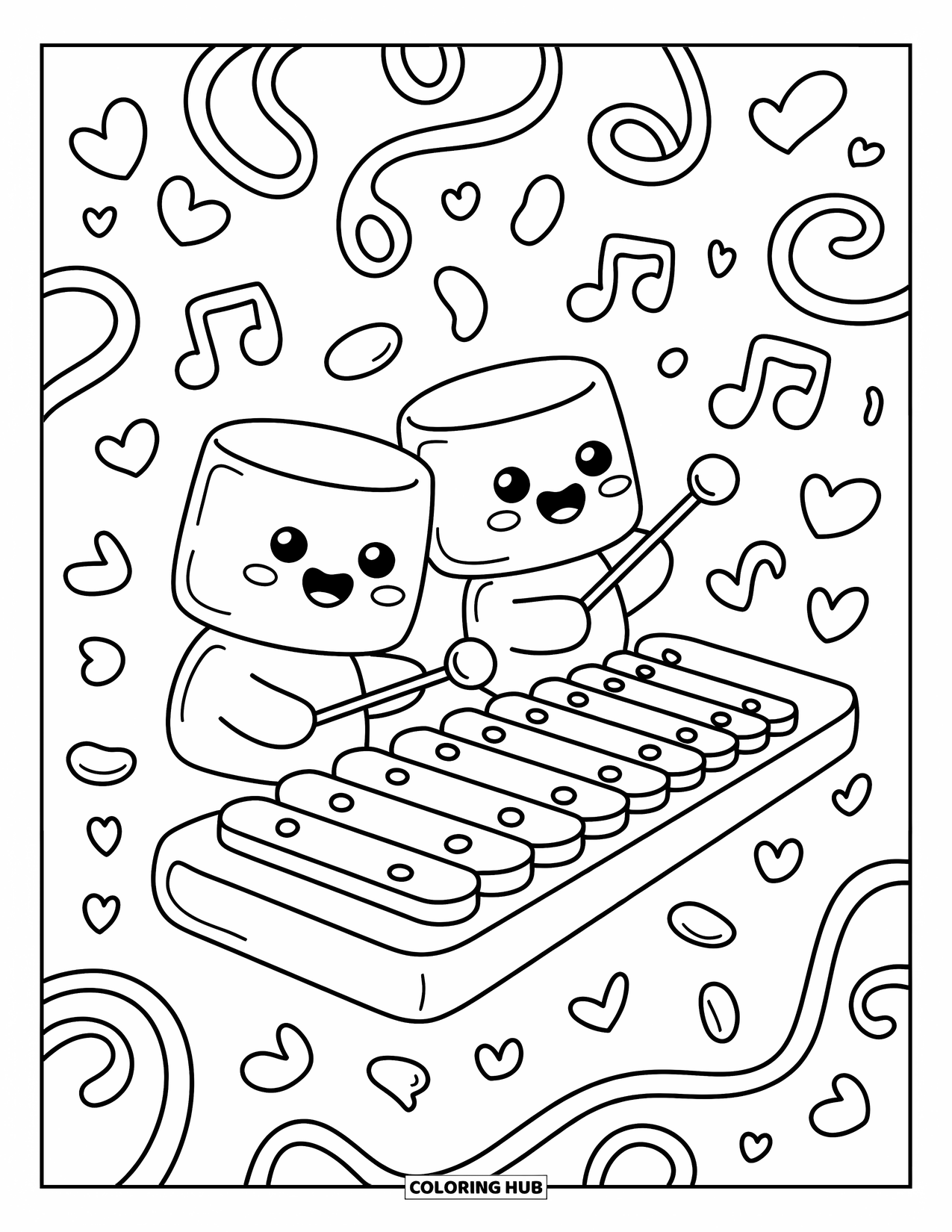 Coloriage de musique pour adultes : Des guimauves souriantes tapent sur un xylophone tandis que la musique et les nœuds dansent en arrière-plan