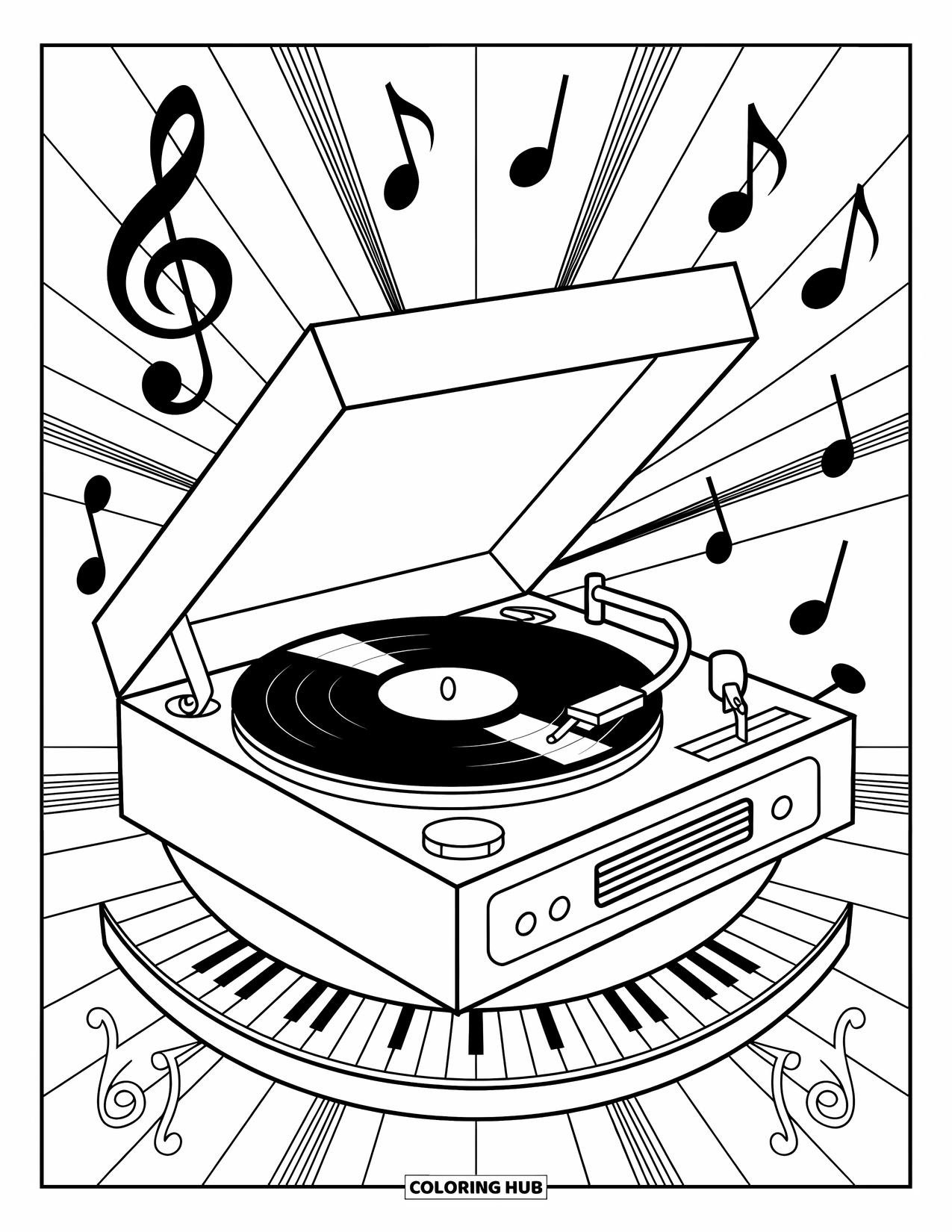 Coloriage de musique pour adultes : Un vinyle en rotation, des notes élégantes et des instruments remplissent cette scène musicale ornée