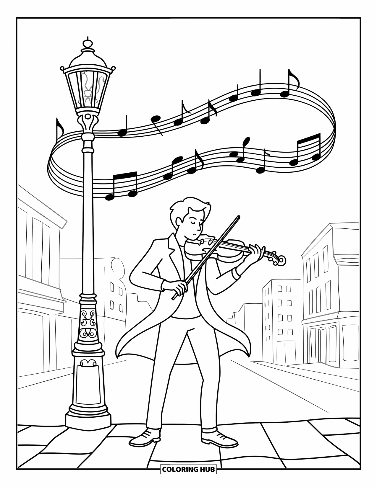 Coloriage de musique pour adultes : Un violoniste de rue sous un lampadaire avec des notes tourbillonnantes et des bâtiments de la ville en arrière-plan