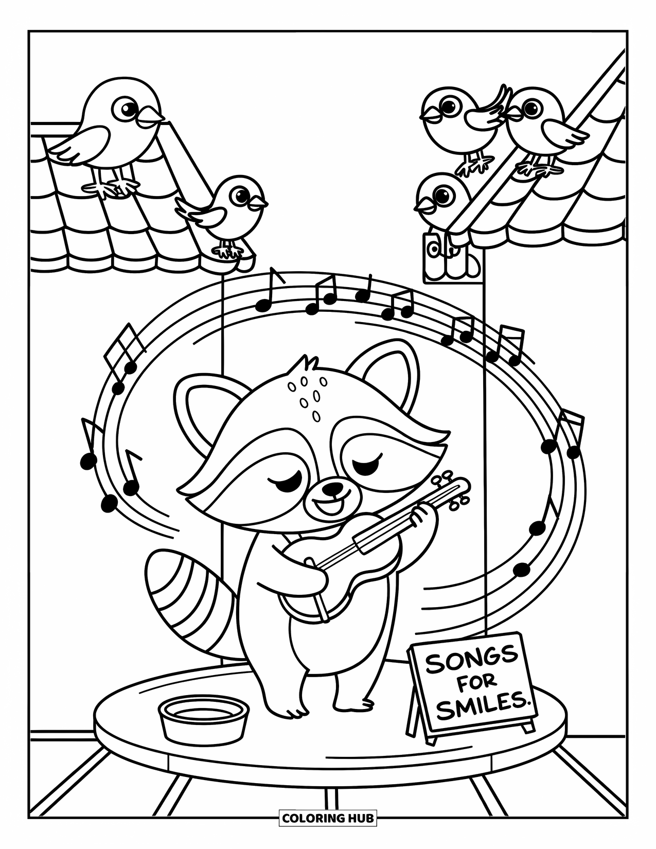 Coloriage de musique pour adultes : Un raton laveur adorable joue des airs dans la rue avec un chapeau à pourboire et des tourbillons musicaux