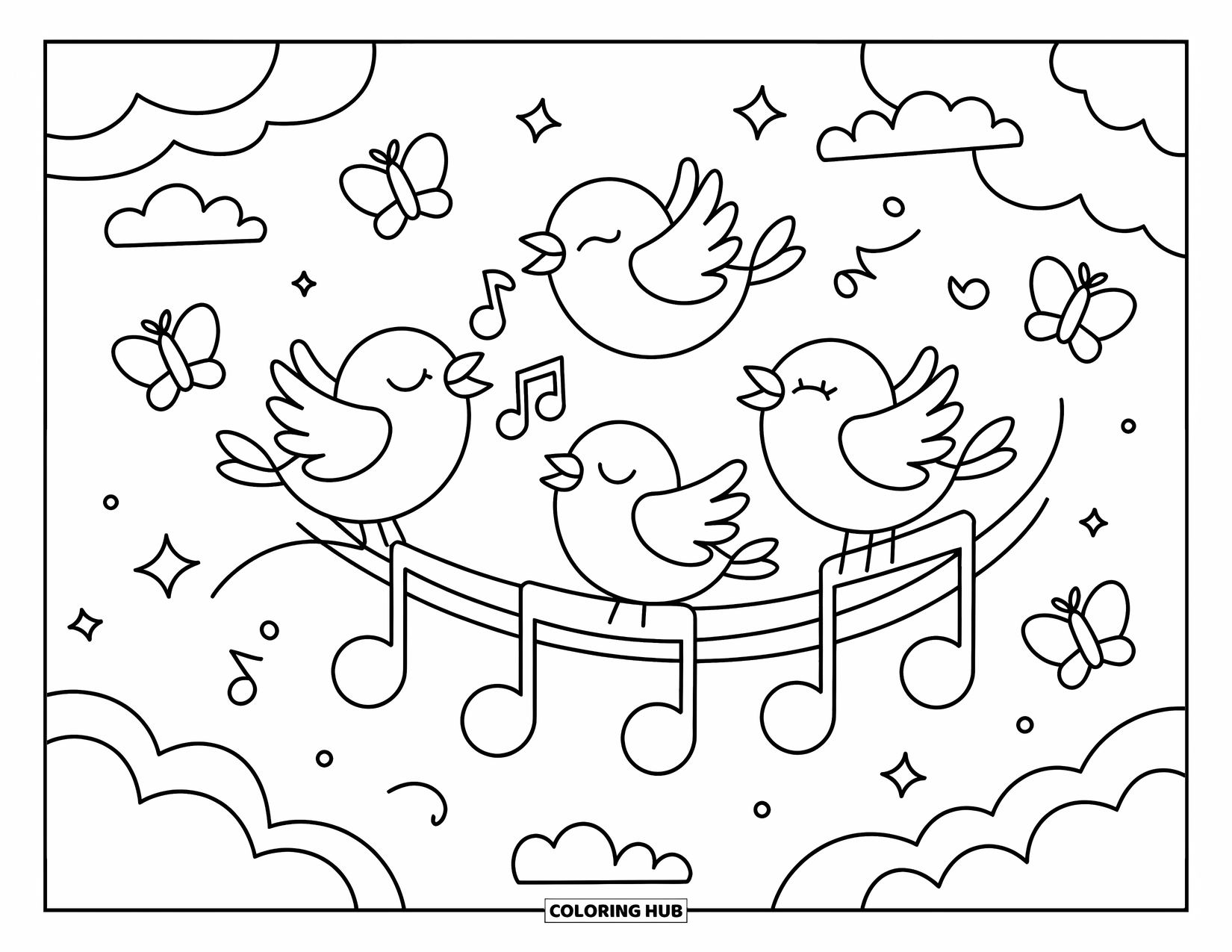 Coloriage de musique pour adultes : Trois oiseaux chanteurs perchés sur des notes de musique avec des papillons et des étincelles tout autour