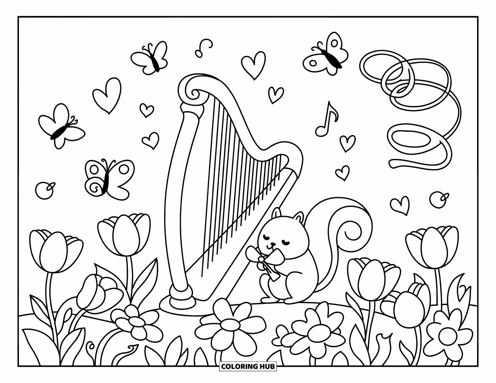 Coloriage de musique pour adultes : Un minuscule écureuil joue de la harpe dans un jardin rempli de tulipes, de marguerites et de papillons