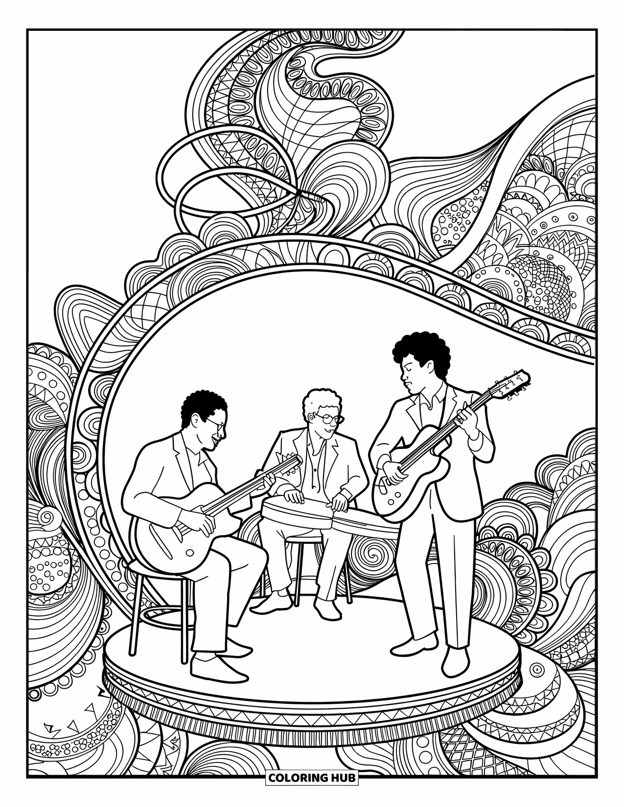 Coloriage de musique pour adultes : Un trio joue sous des notes et des motifs enroulés avec des instruments et des accents entourant la scène