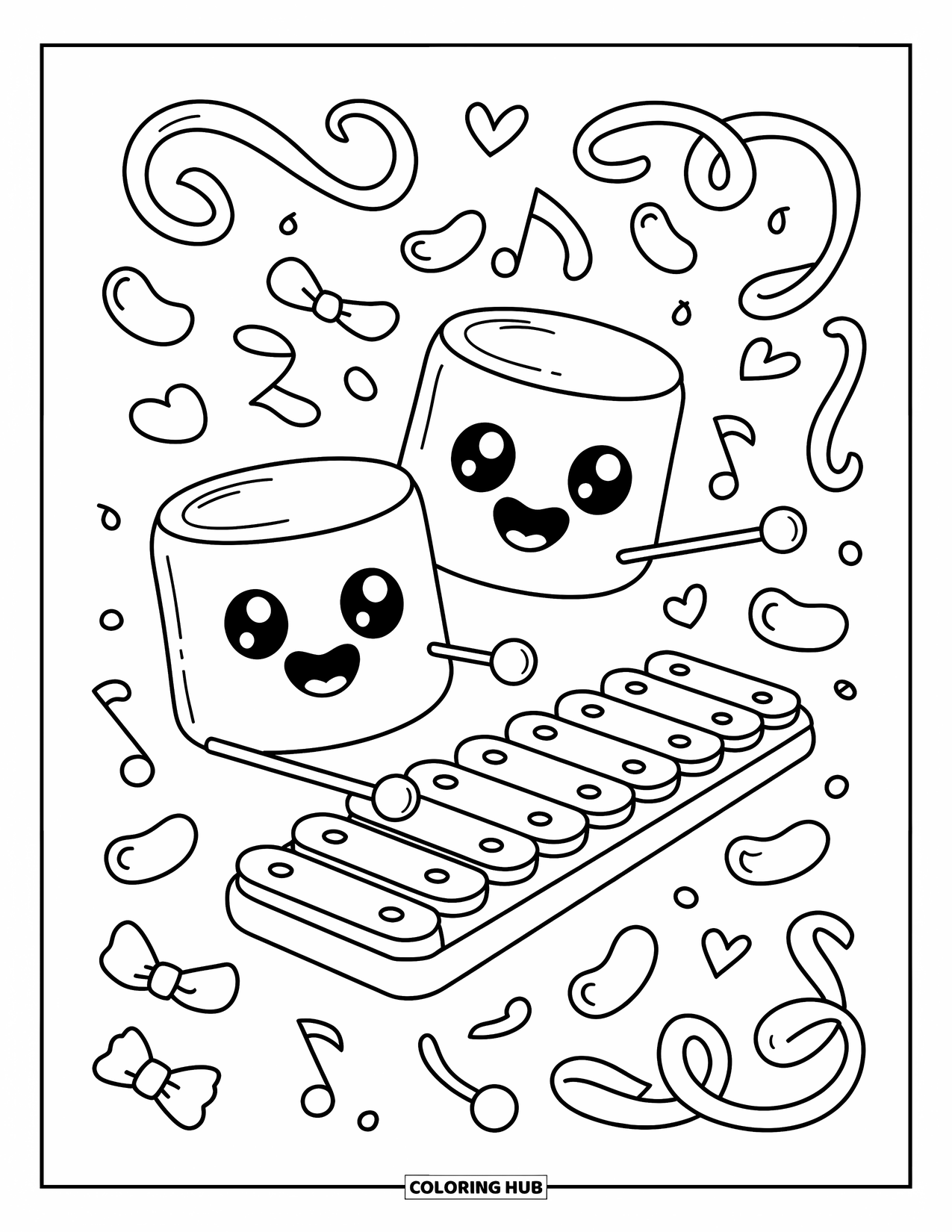Coloriage de musique pour adultes : Deux guimauves jouent d'un xylophone avec de minuscules maillets et de la musique flottant à travers les bonbons gélifiés