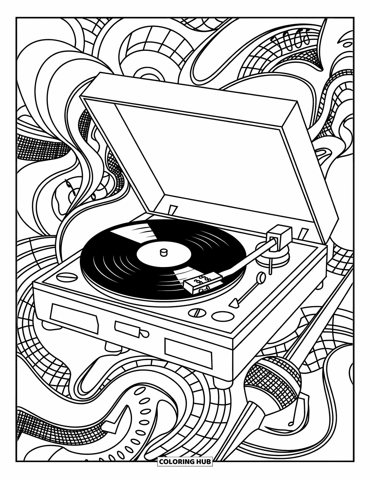 Coloriage de musique pour adultes : Un lecteur de disques vintage faisant tourner des notes dans un arrière-plan plein de charme musical