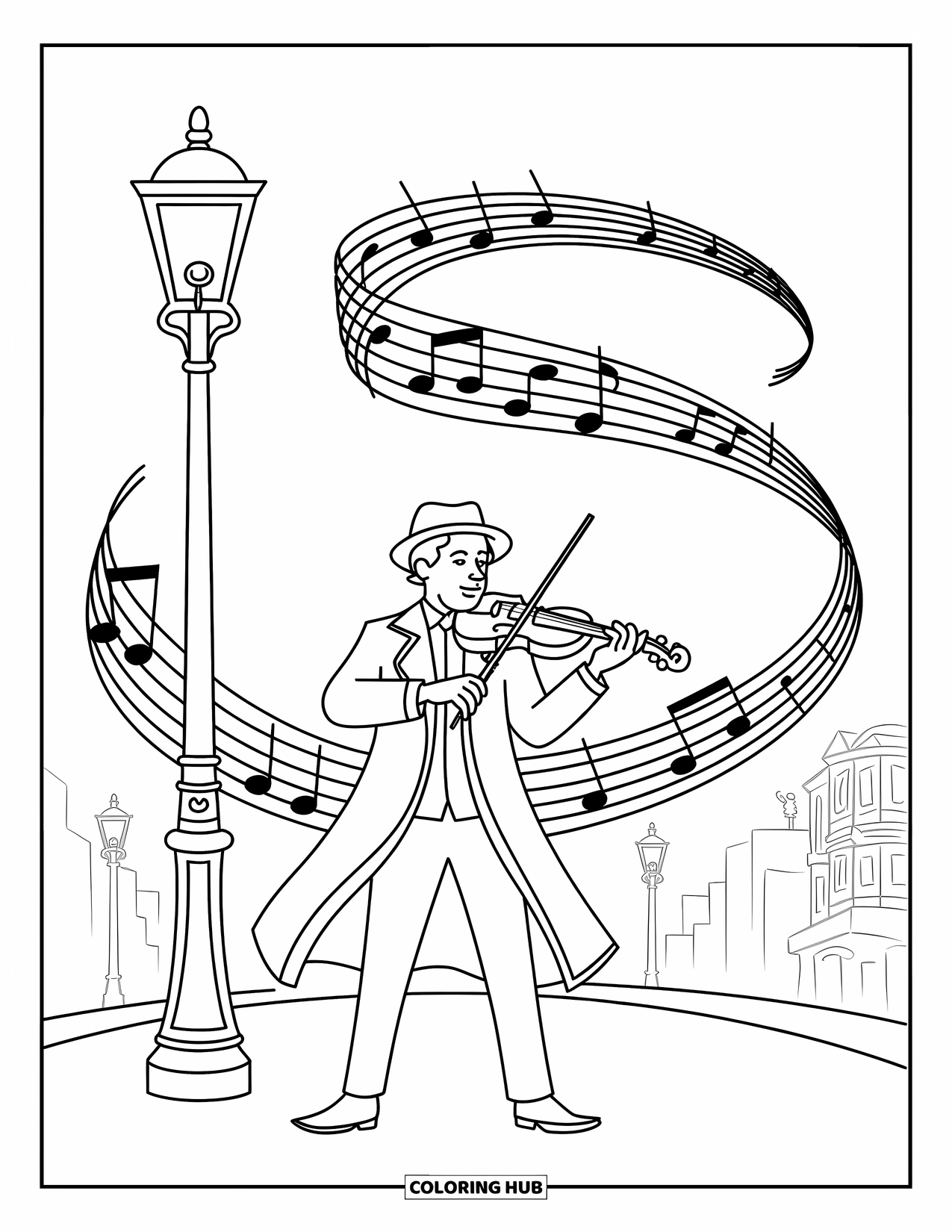 Coloriage de musique pour adultes : Une violoniste dans un manteau fluide sous une ligne d'horizon tourbillonnante de notes, de lumières et de motifs urbains