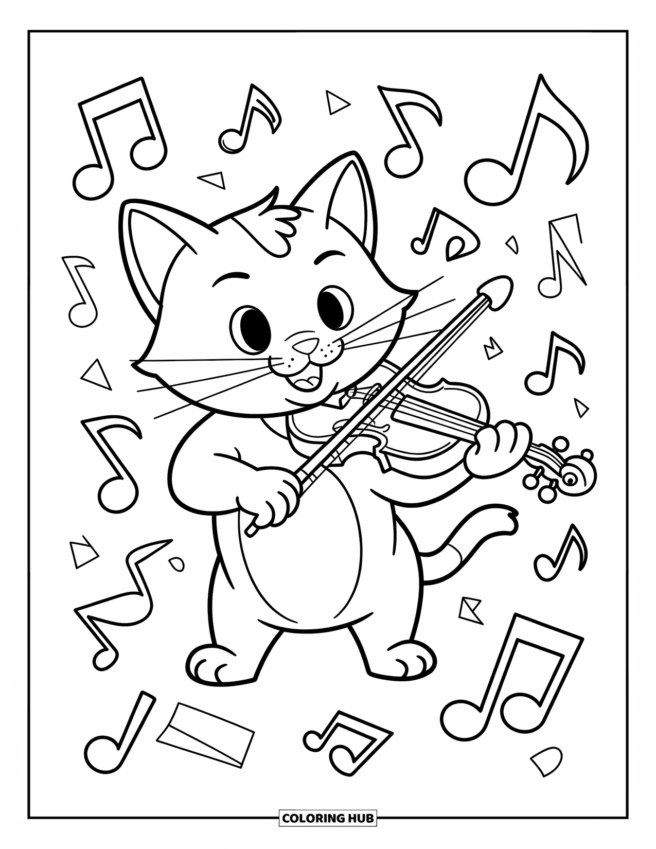 Coloriage de musique pour enfants : Un chat joyeux joue du violon entouré de notes et de formes géométriques amusantes